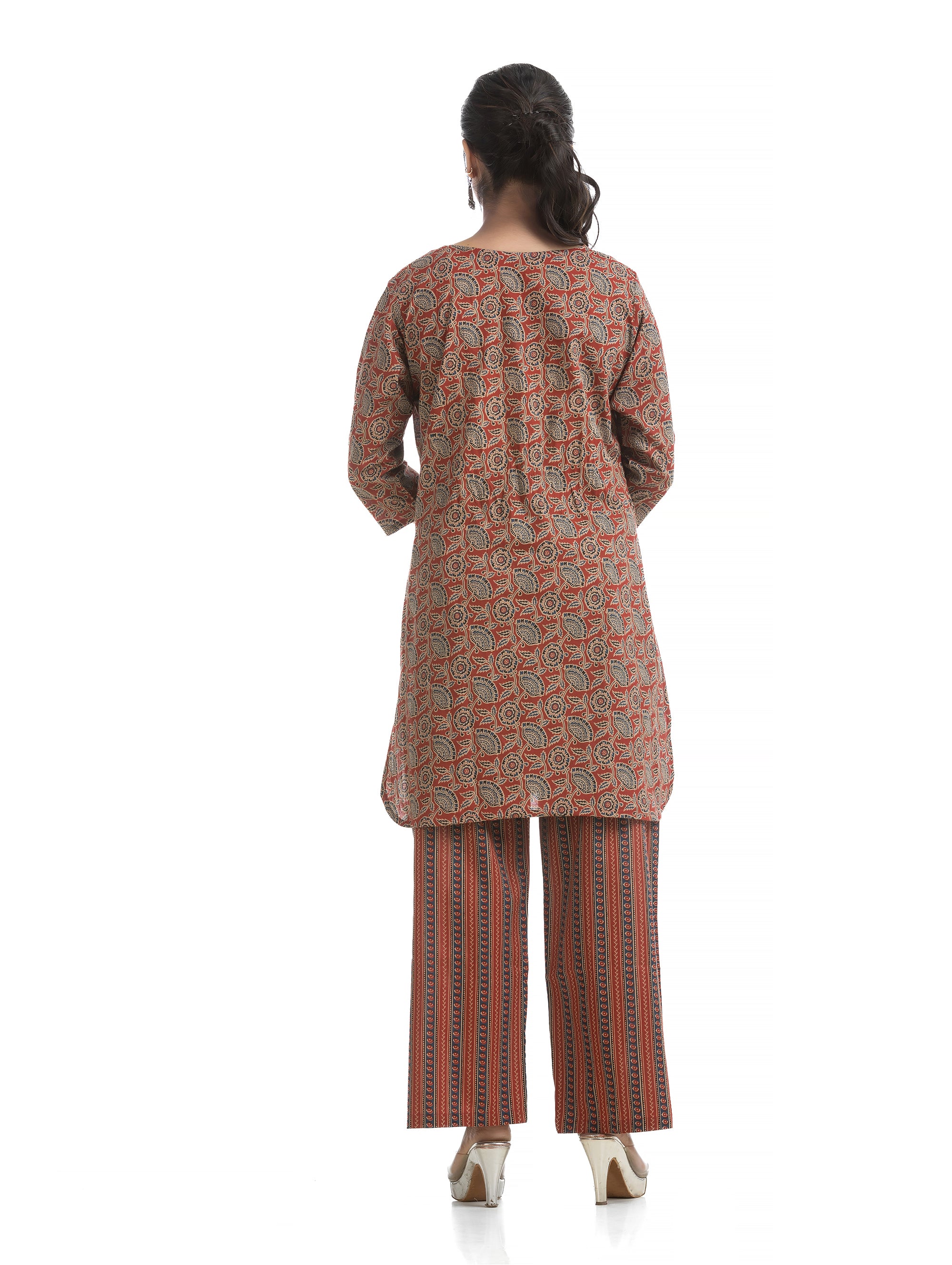 Maroon Ajrakh Printed Co-Ord Set with Three Quarter Sleeves