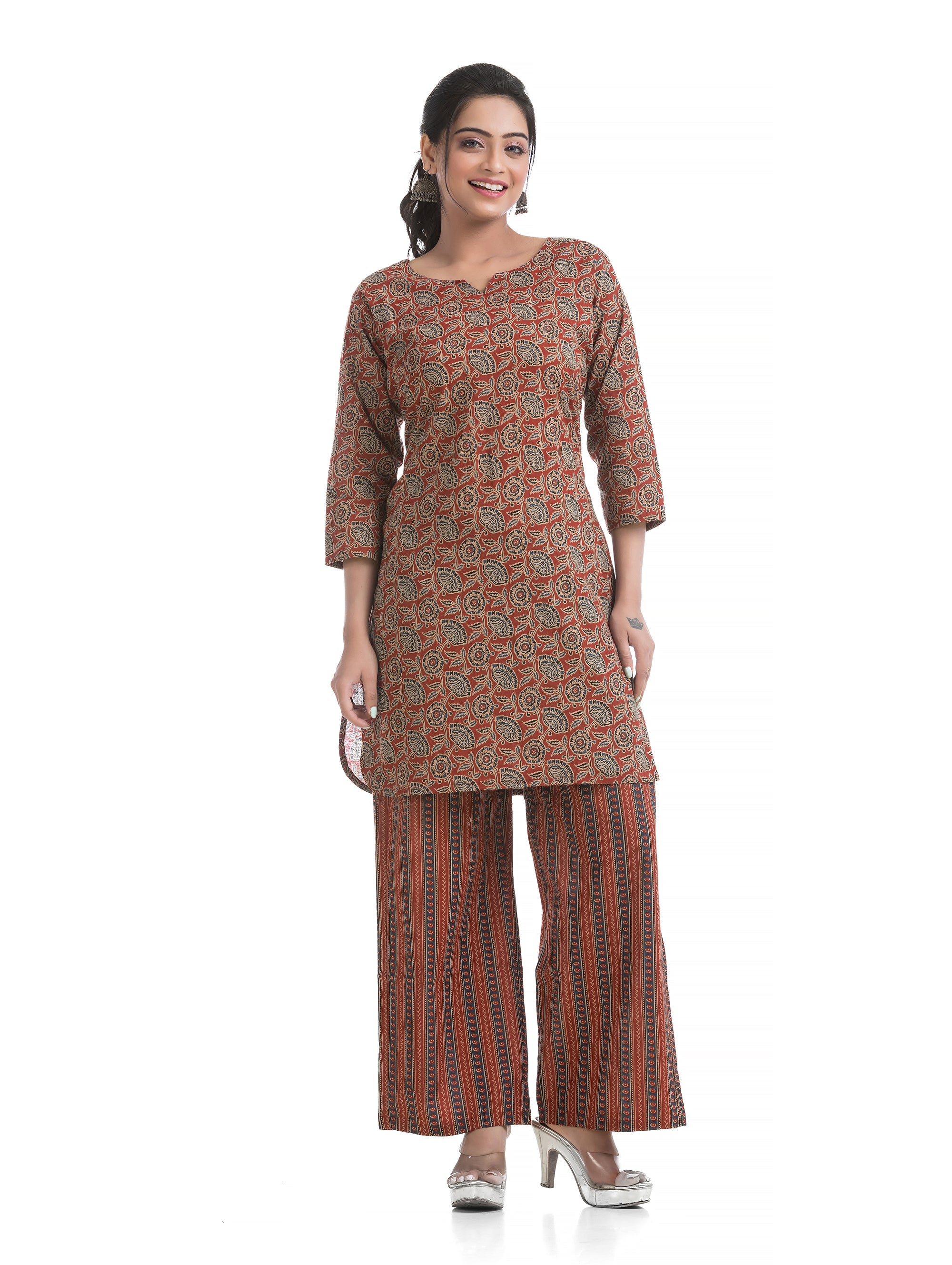 Maroon Ajrakh Printed Co-Ord Set with Three Quarter Sleeves