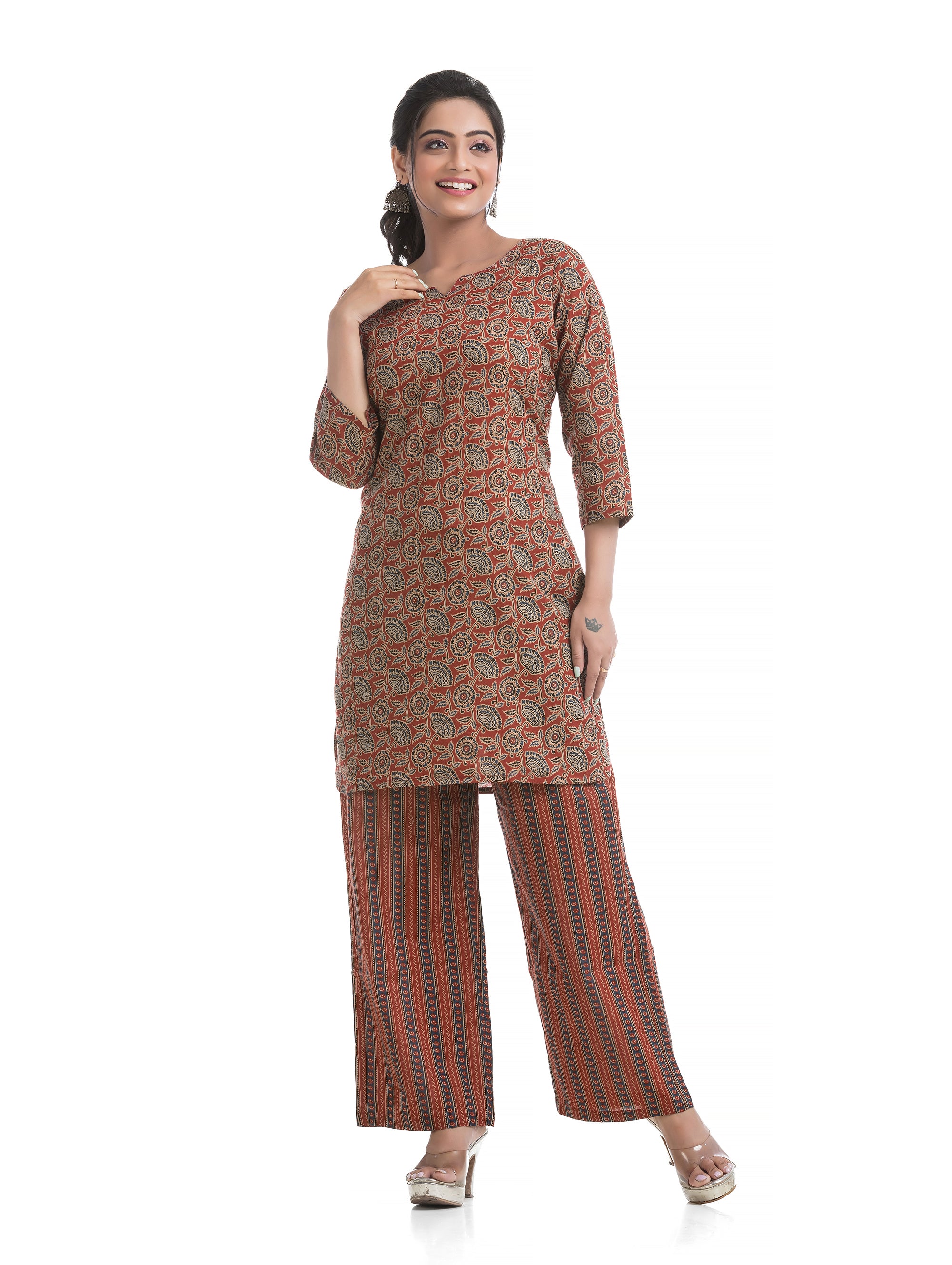 Maroon Ajrakh Printed Co-Ord Set with Three Quarter Sleeves