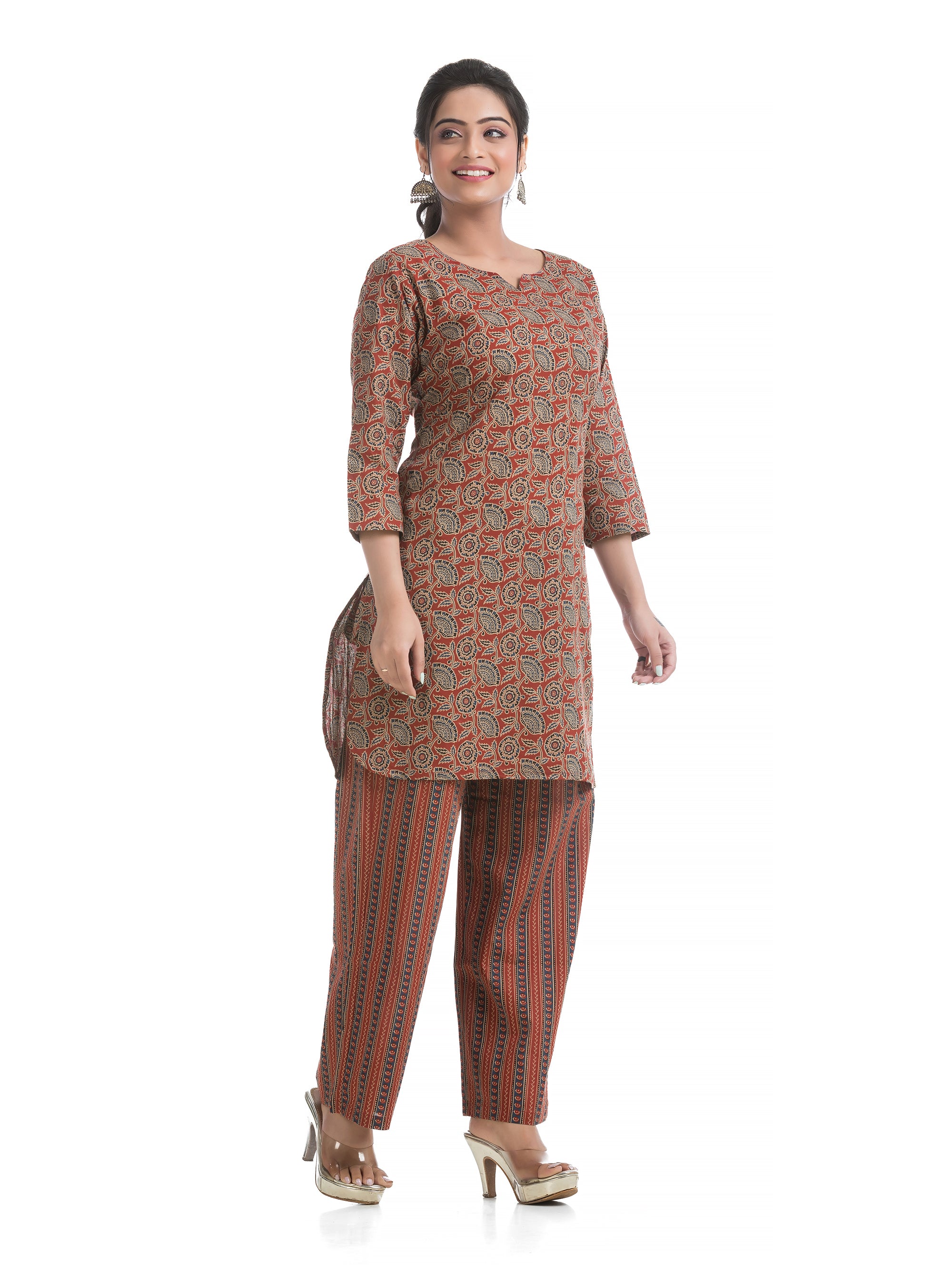 Maroon Ajrakh Printed Co-Ord Set with Three Quarter Sleeves