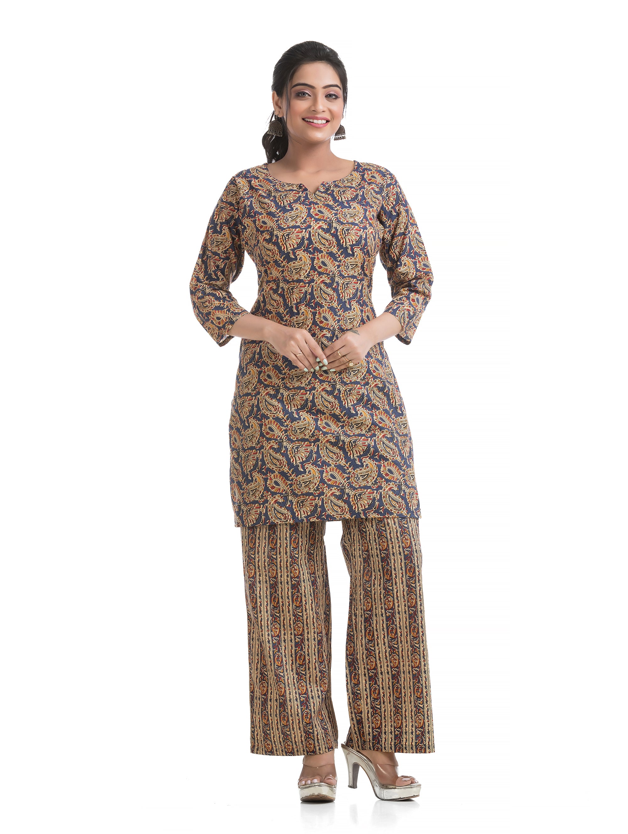 Blue Round Notch Neck Co-Ord Set with Palazzo Pant