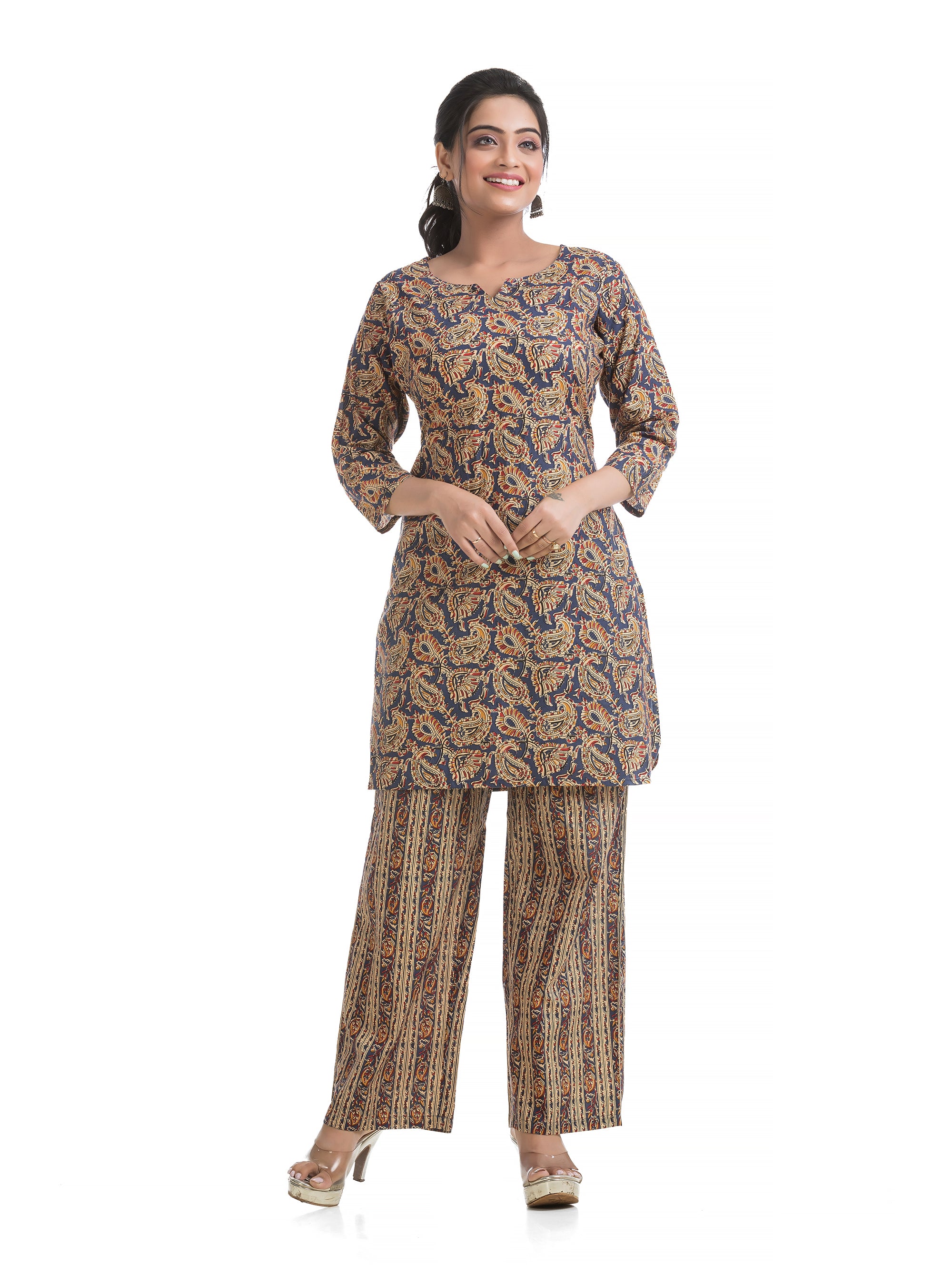Blue Round Notch Neck Co-Ord Set with Palazzo Pant