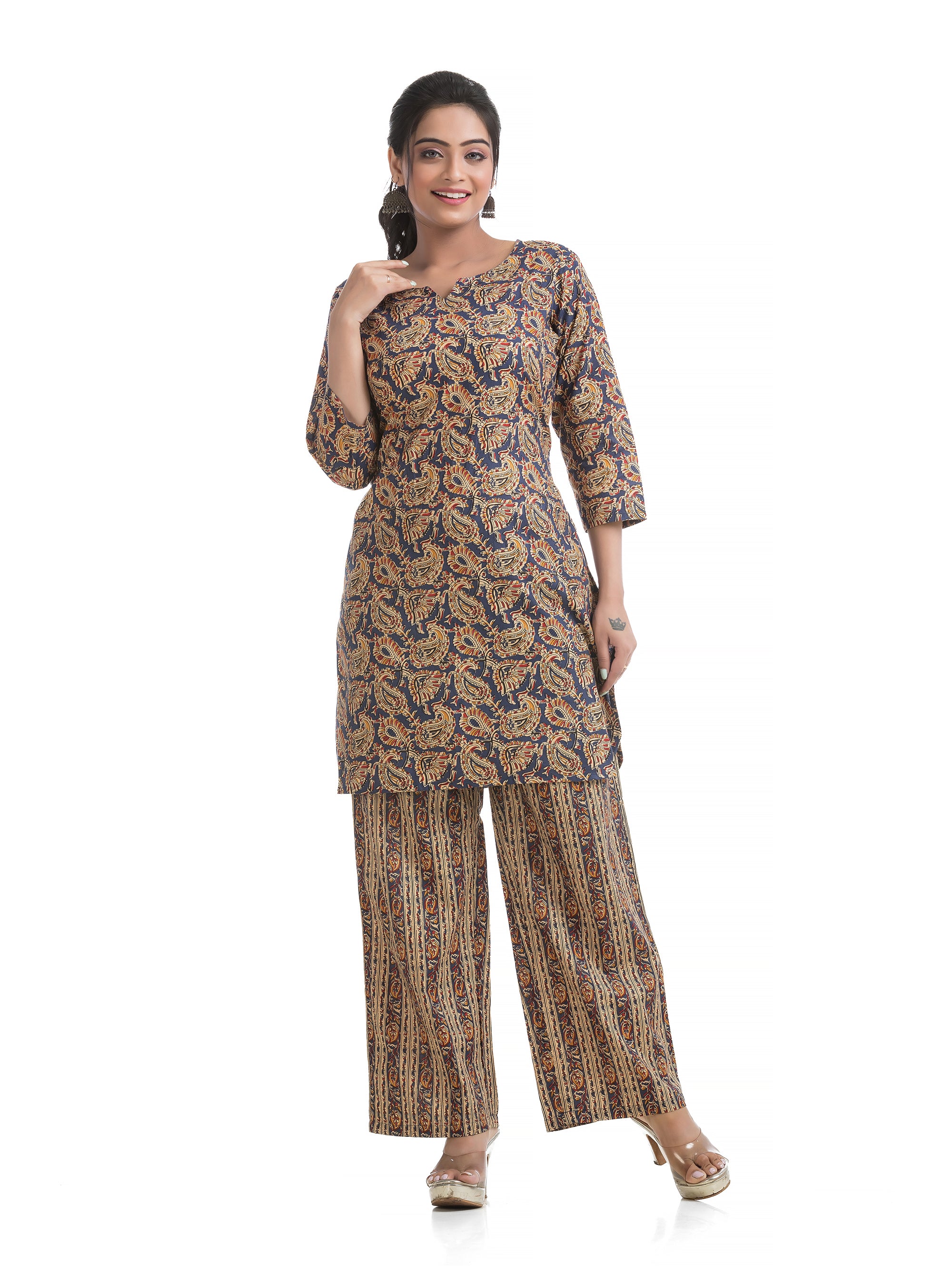 Blue Round Notch Neck Co-Ord Set with Palazzo Pant