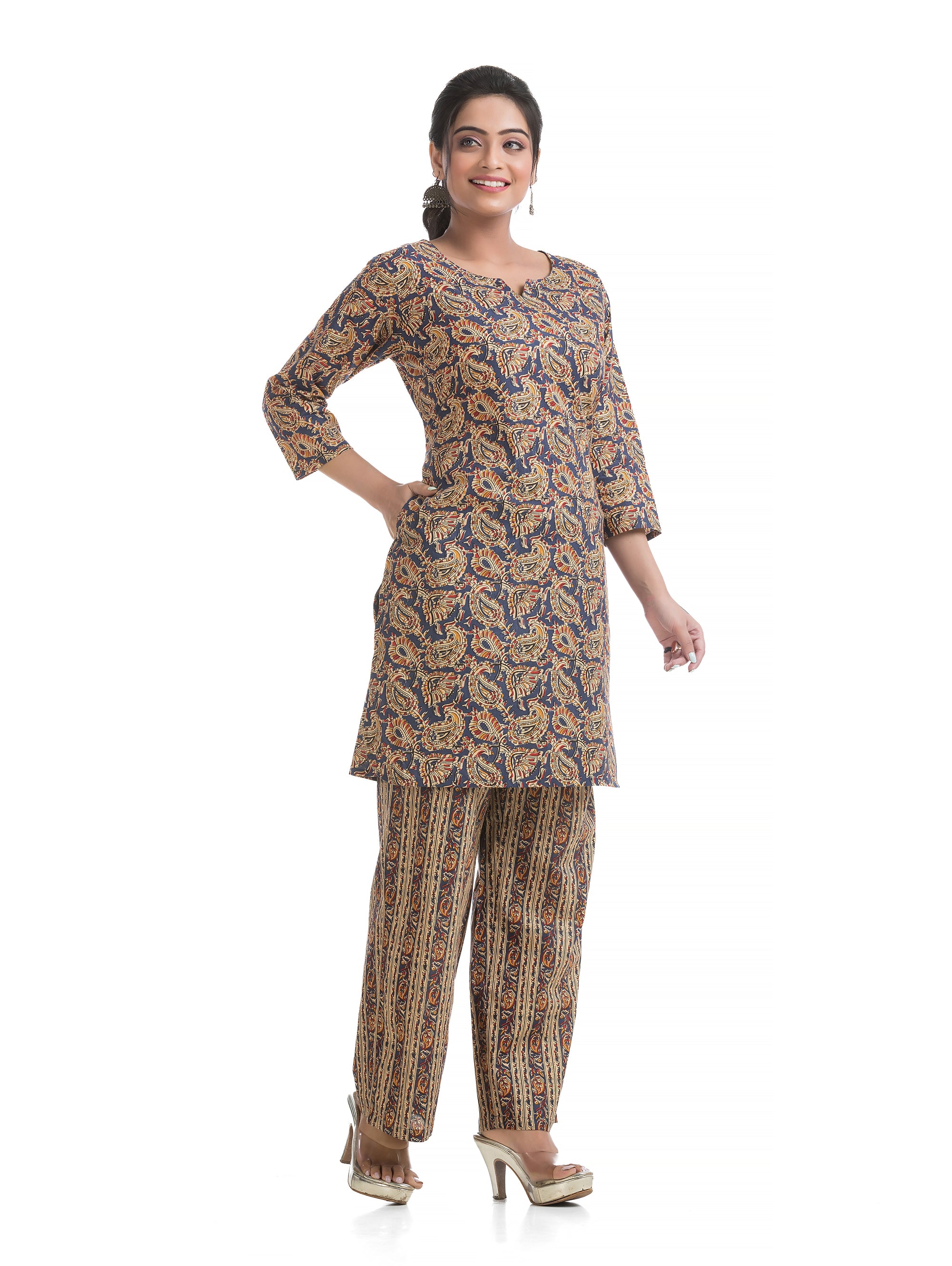 Blue Round Notch Neck Co-Ord Set with Palazzo Pant