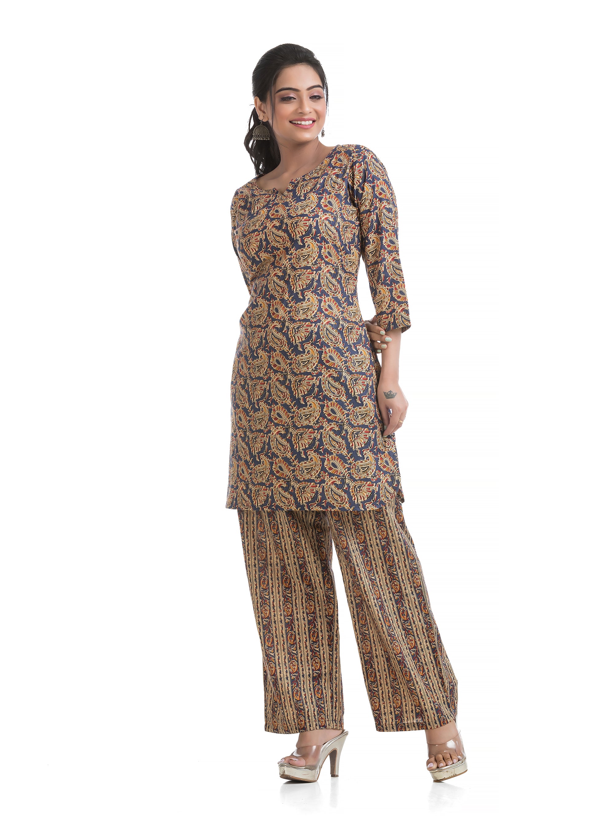 Blue Round Notch Neck Co-Ord Set with Palazzo Pant