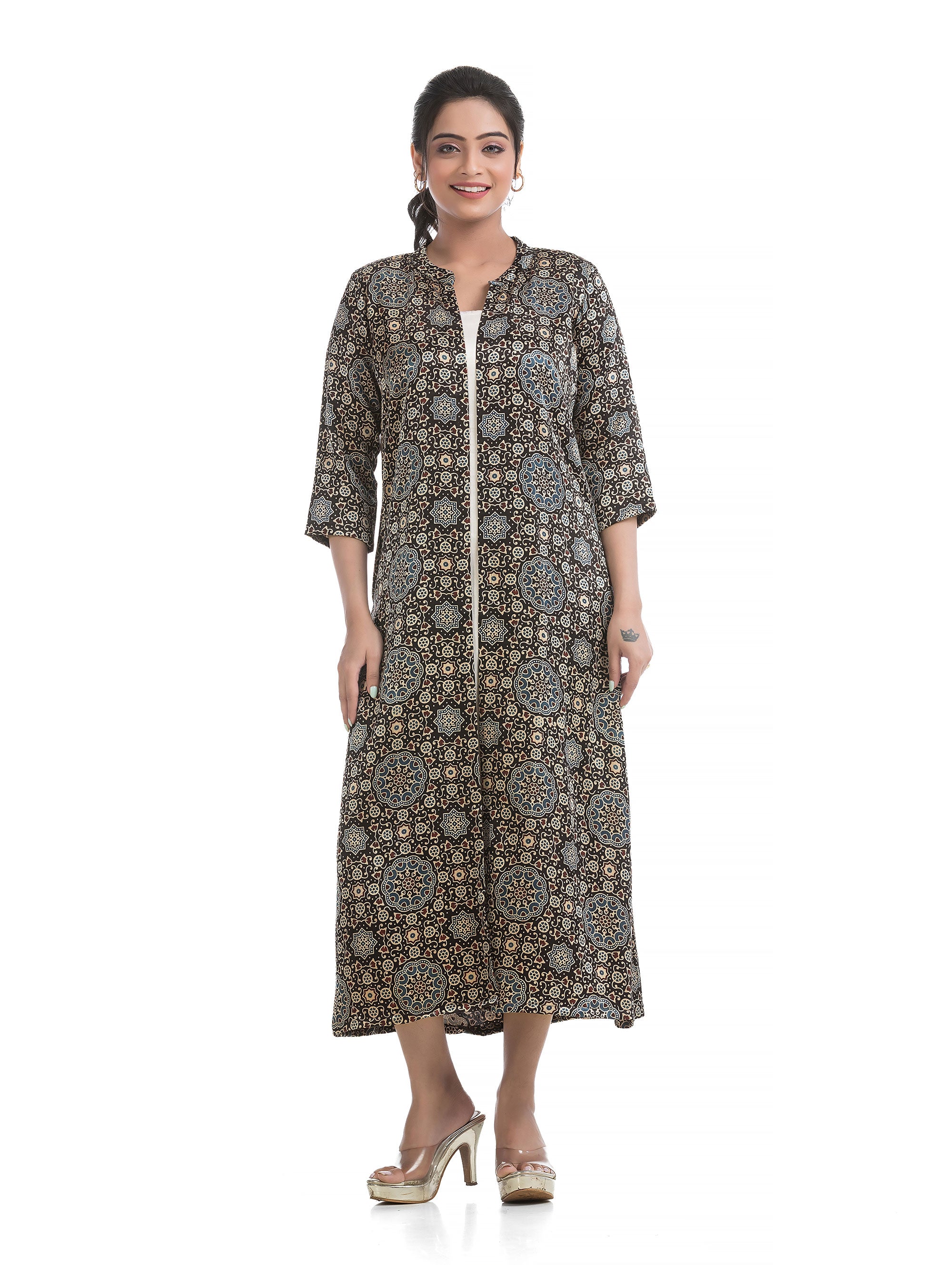 Side Slit White Silk Dress with Multi-colour Ajrakh Silk Shrug