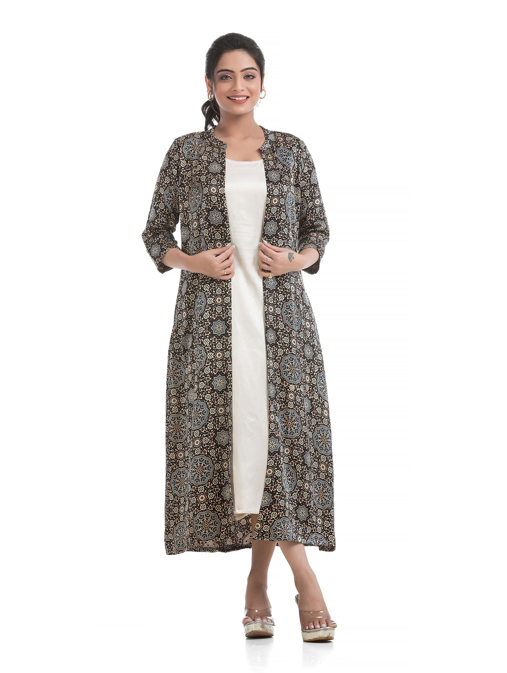 Side Slit White Silk Dress with Multi-colour Ajrakh Silk Shrug