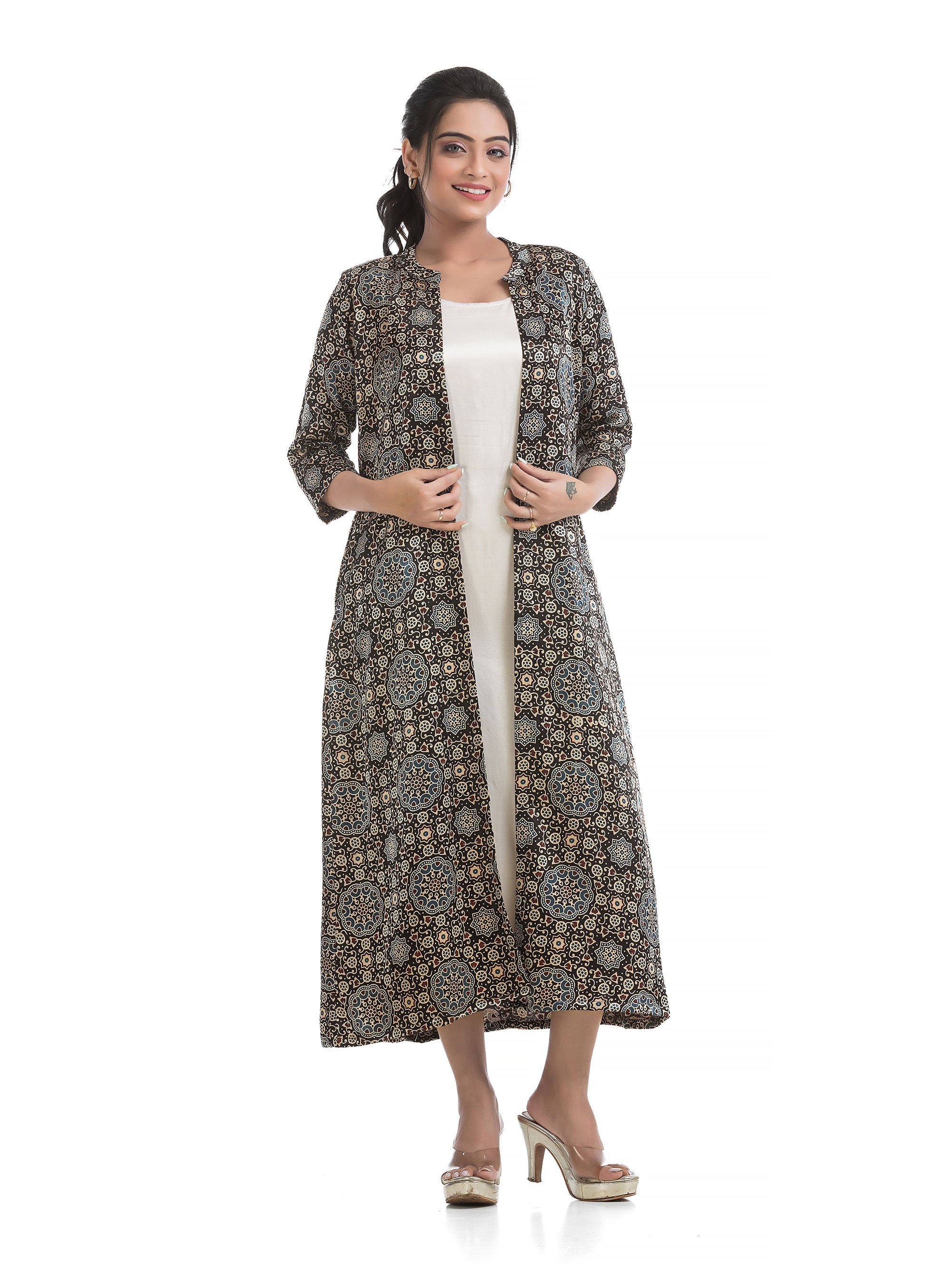 Side Slit White Silk Dress with Multi-colour Ajrakh Silk Shrug