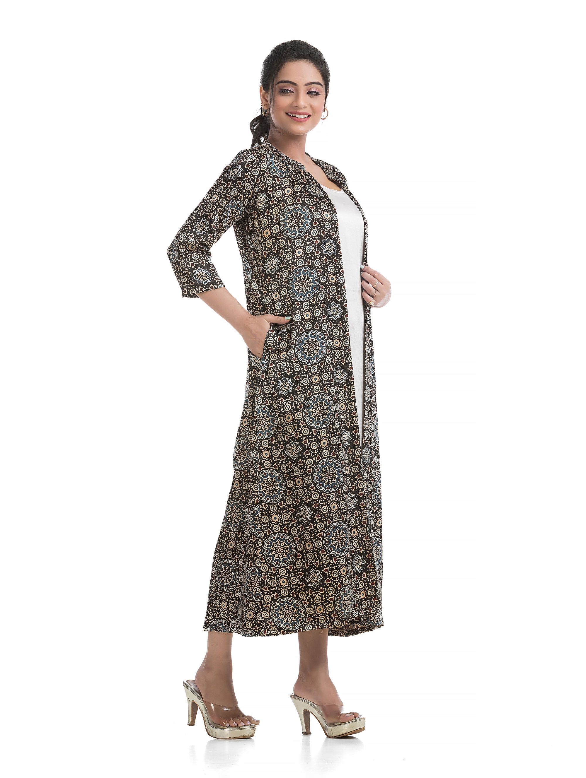 Side Slit White Silk Dress with Multi-colour Ajrakh Silk Shrug