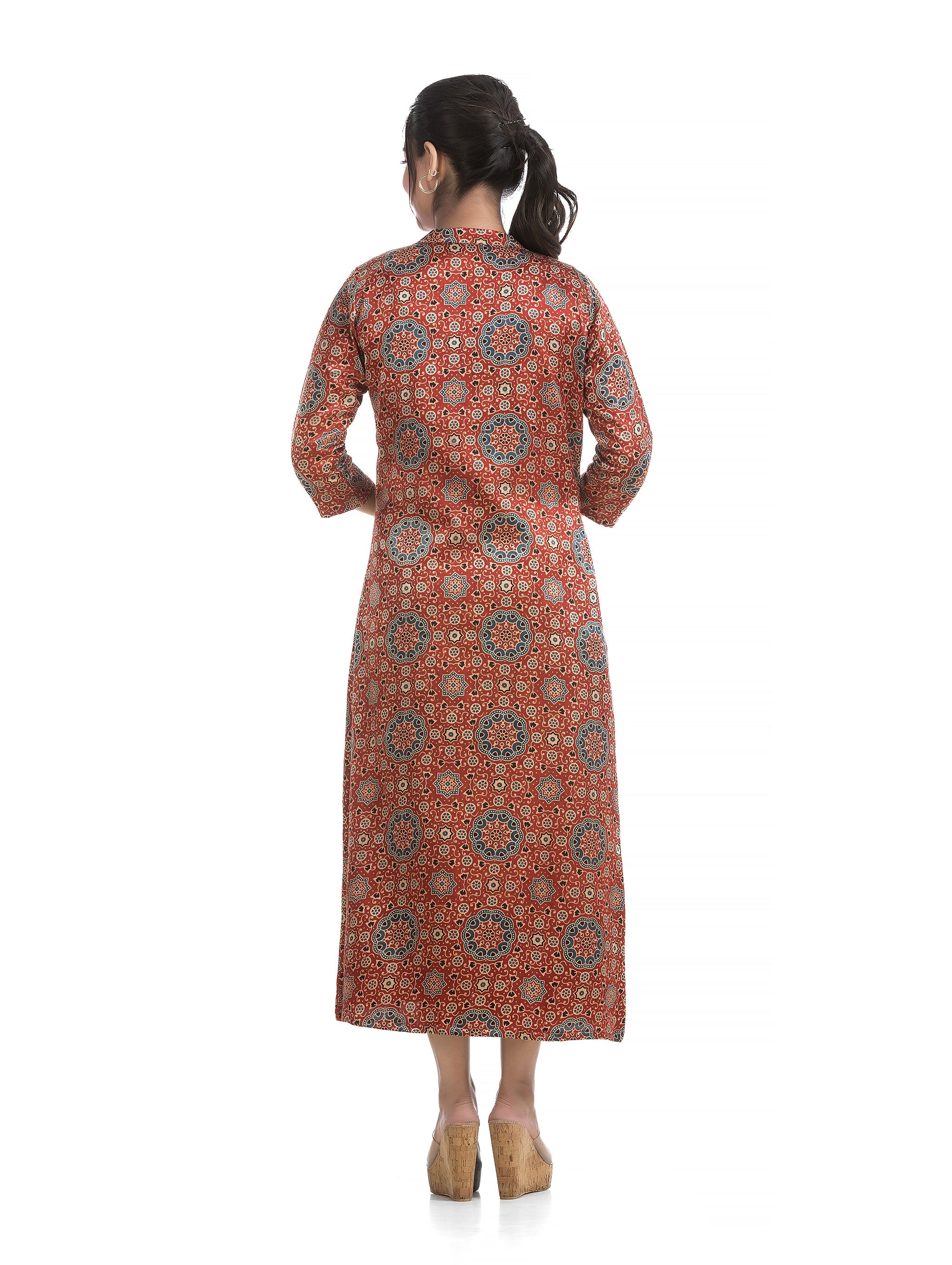 Black Long Round Neck Dress with Ajrakh motif Silk Shrug