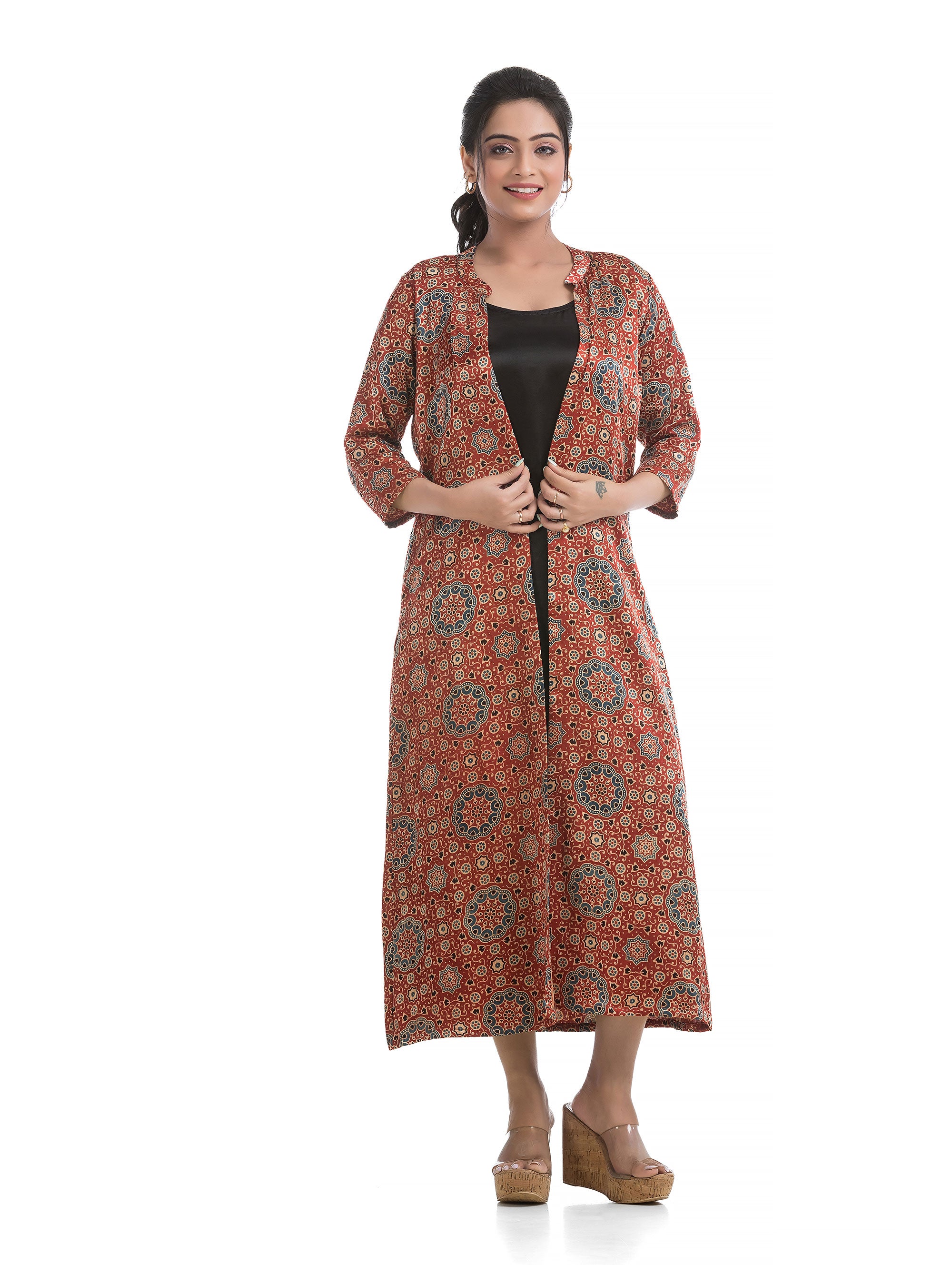Black Long Round Neck Dress with Ajrakh motif Silk Shrug