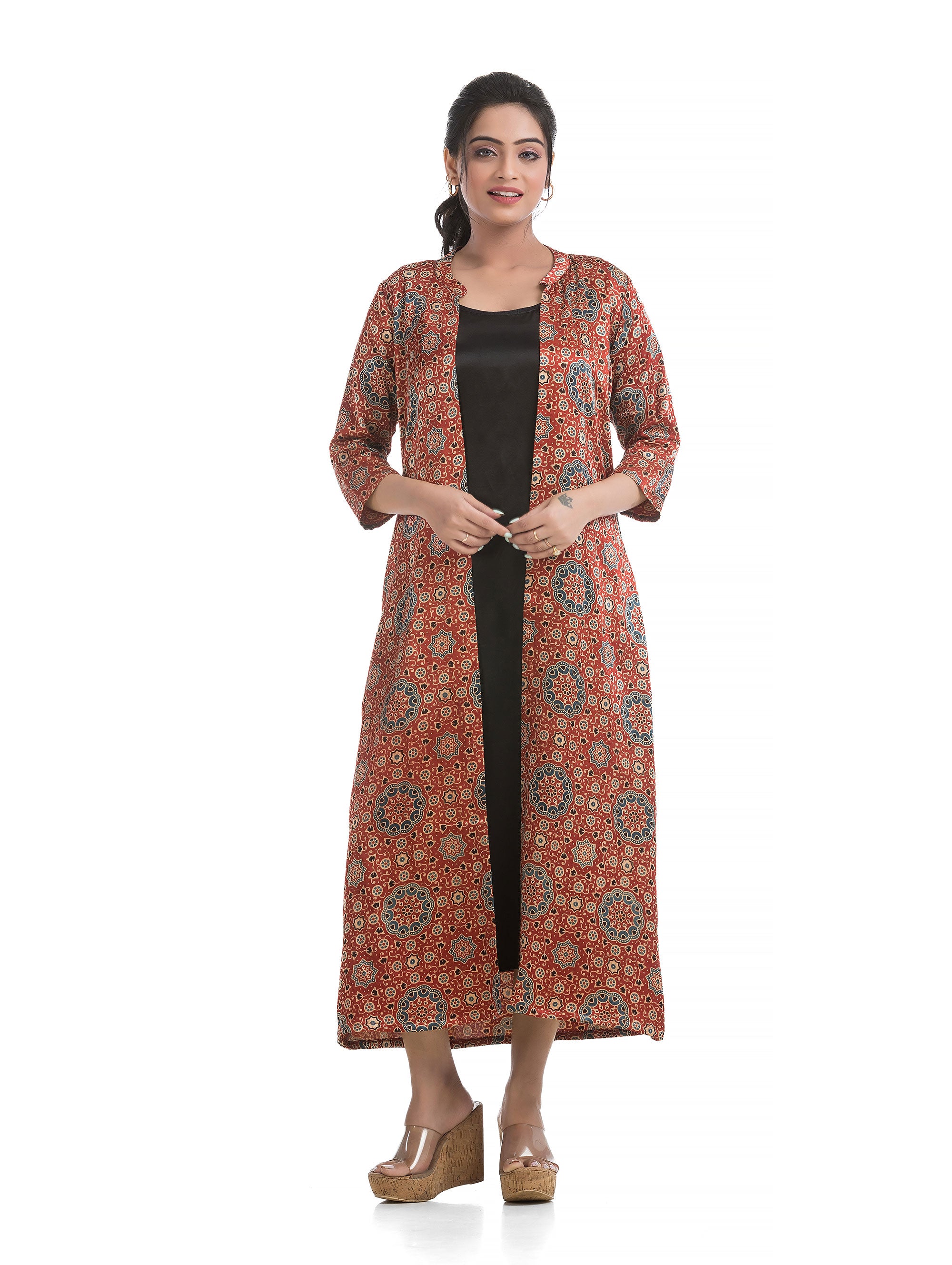 Black Long Round Neck Dress with Ajrakh motif Silk Shrug