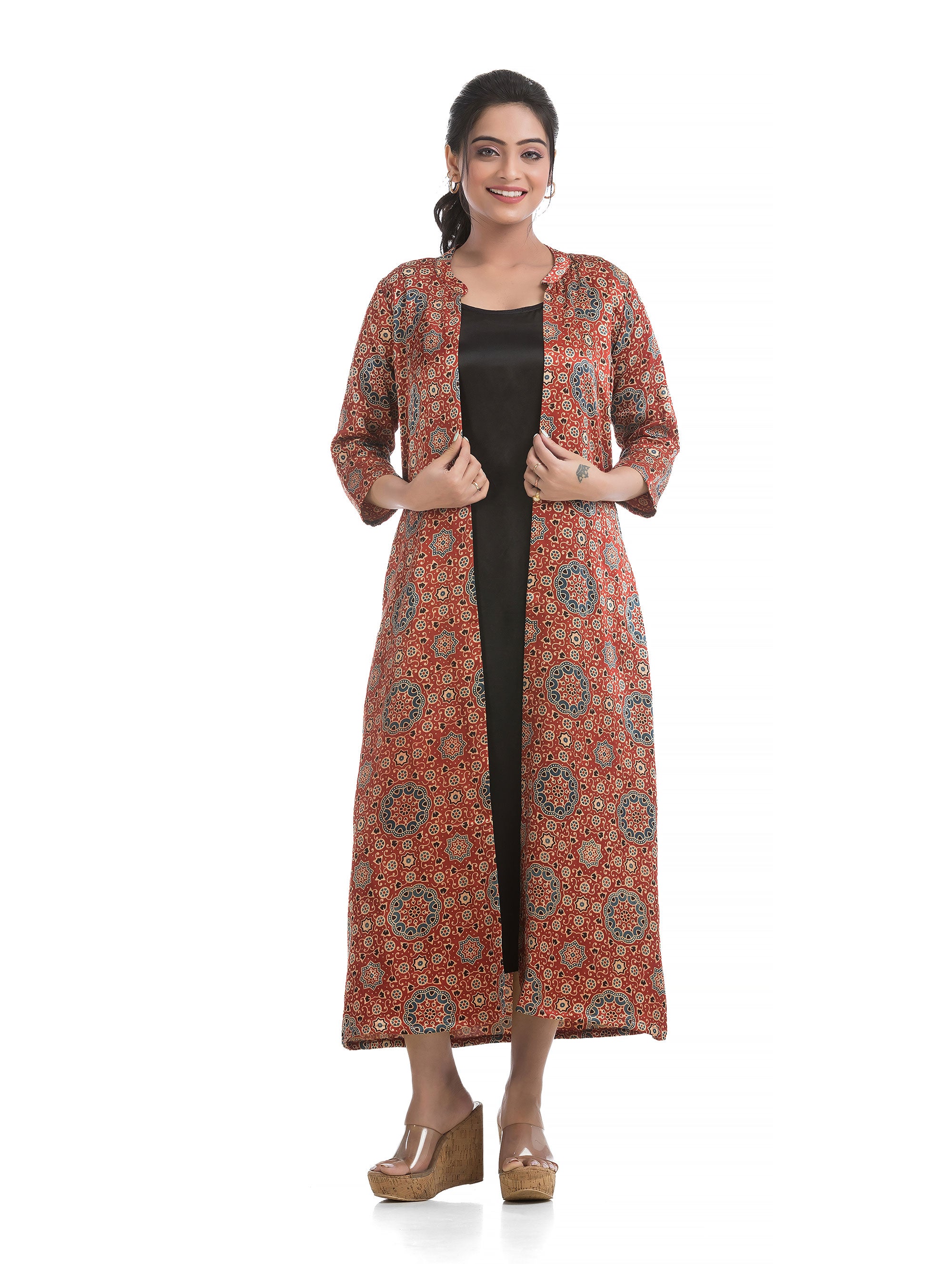 Black Long Round Neck Dress with Ajrakh motif Silk Shrug