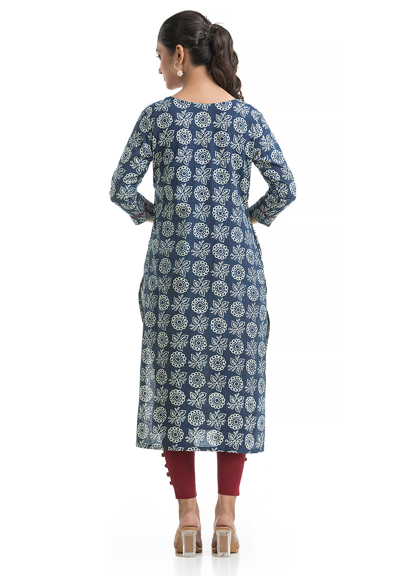 Blue Floral Sweetheart Neck Kurti