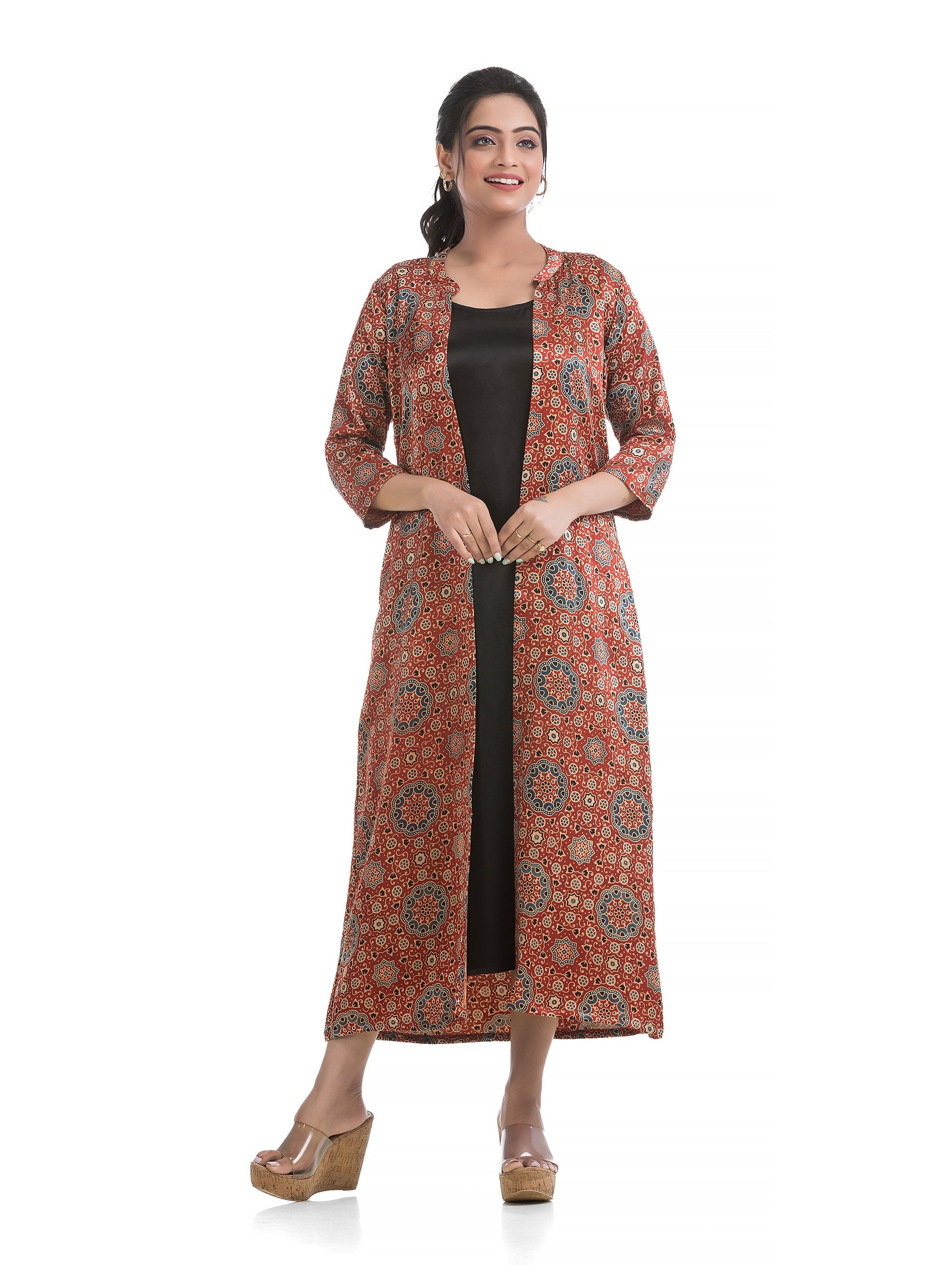 Black Long Round Neck Dress with Ajrakh motif Silk Shrug