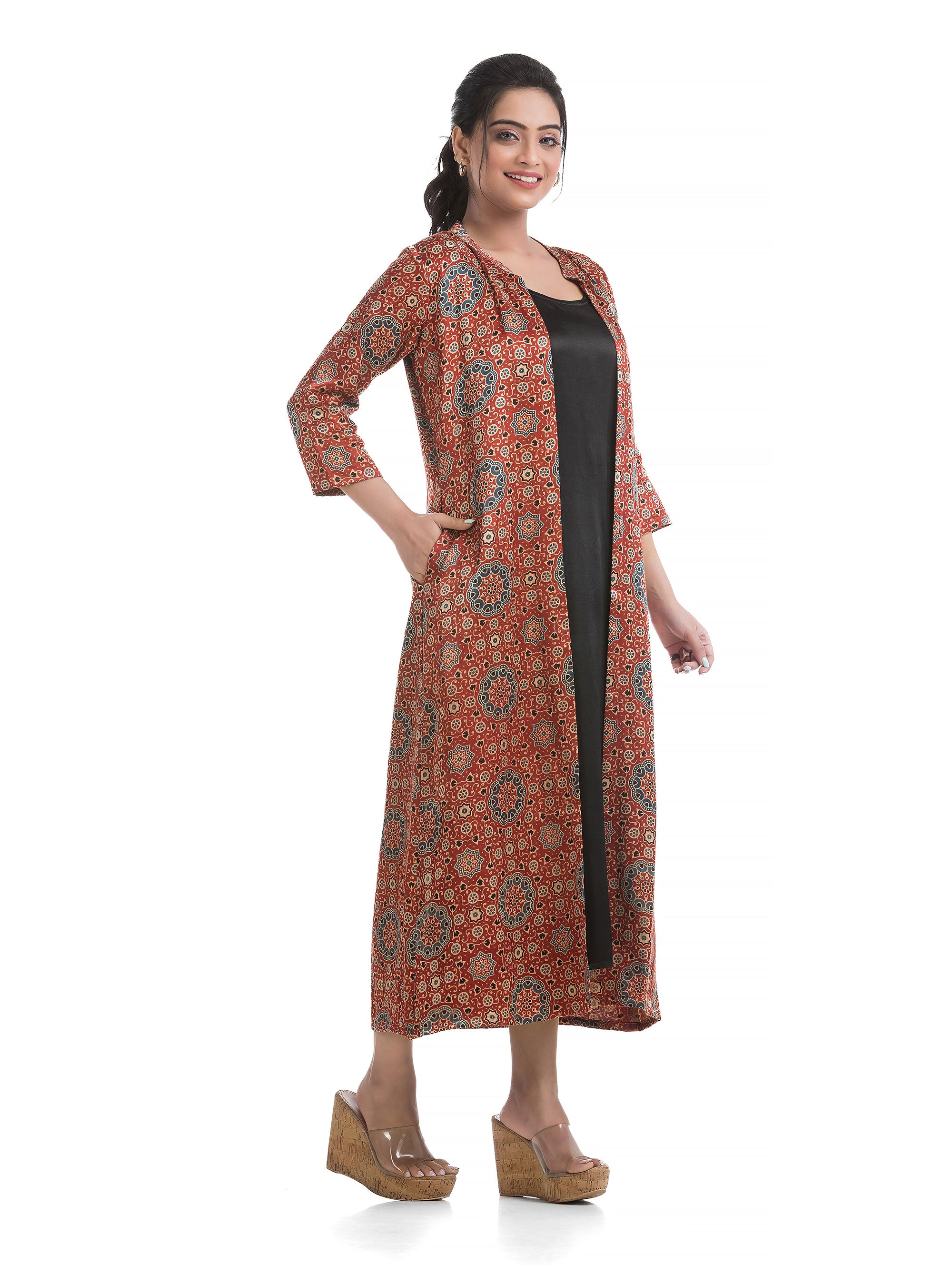 Black Long Round Neck Dress with Ajrakh motif Silk Shrug