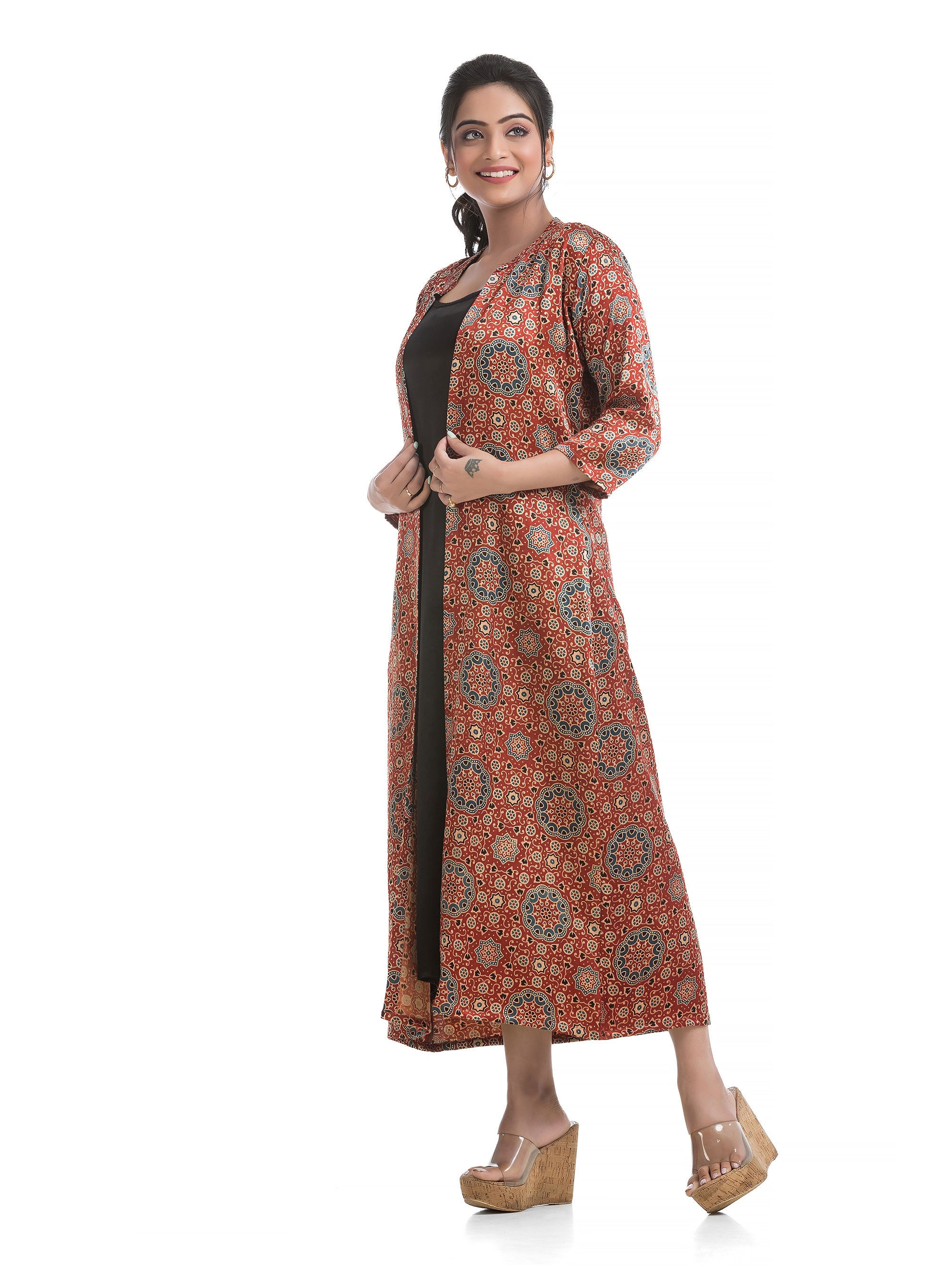 Black Long Round Neck Dress with Ajrakh motif Silk Shrug