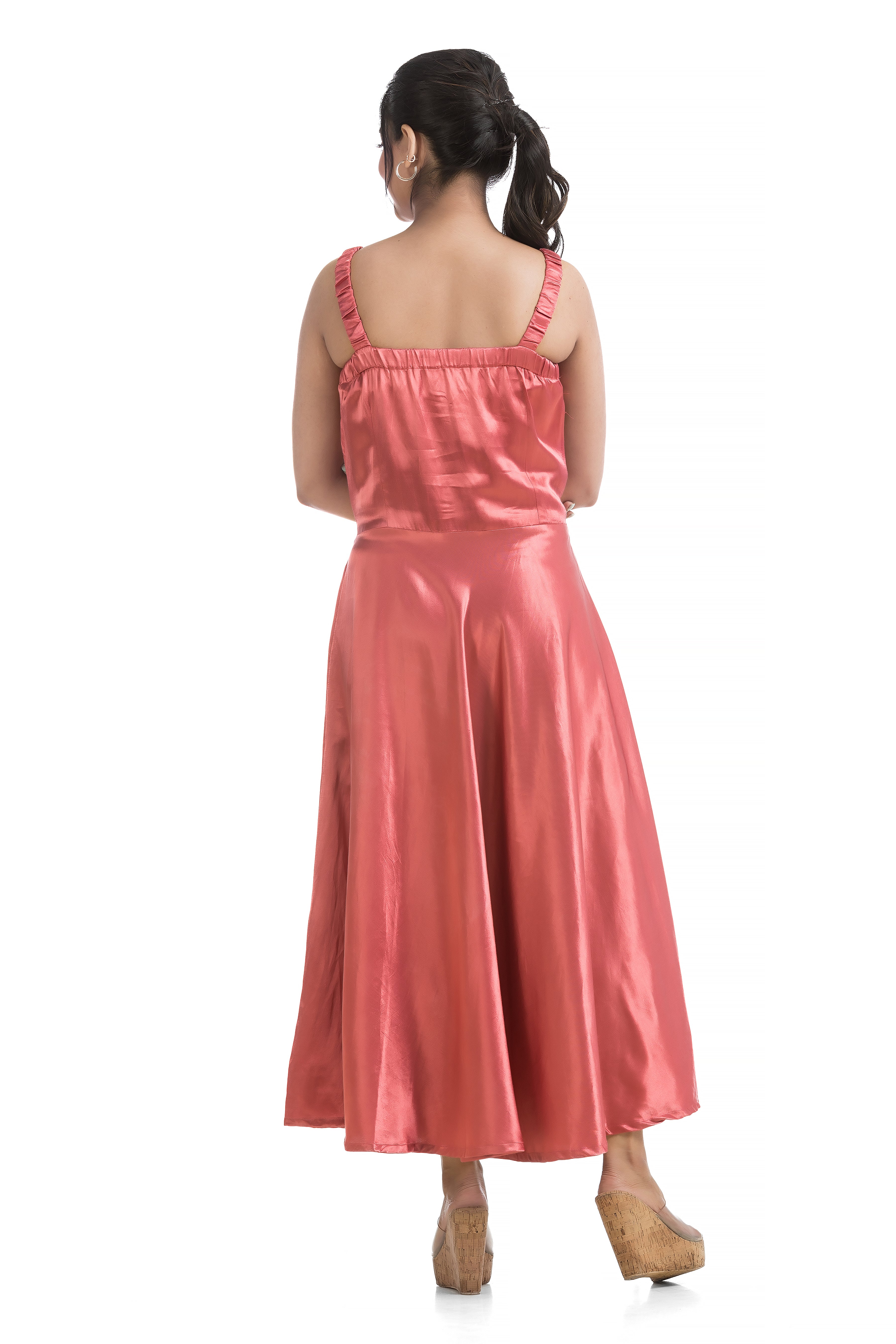 Blush Colour Mashru Noodle Dress with Assymmetric Ajrakh Printed Jacket