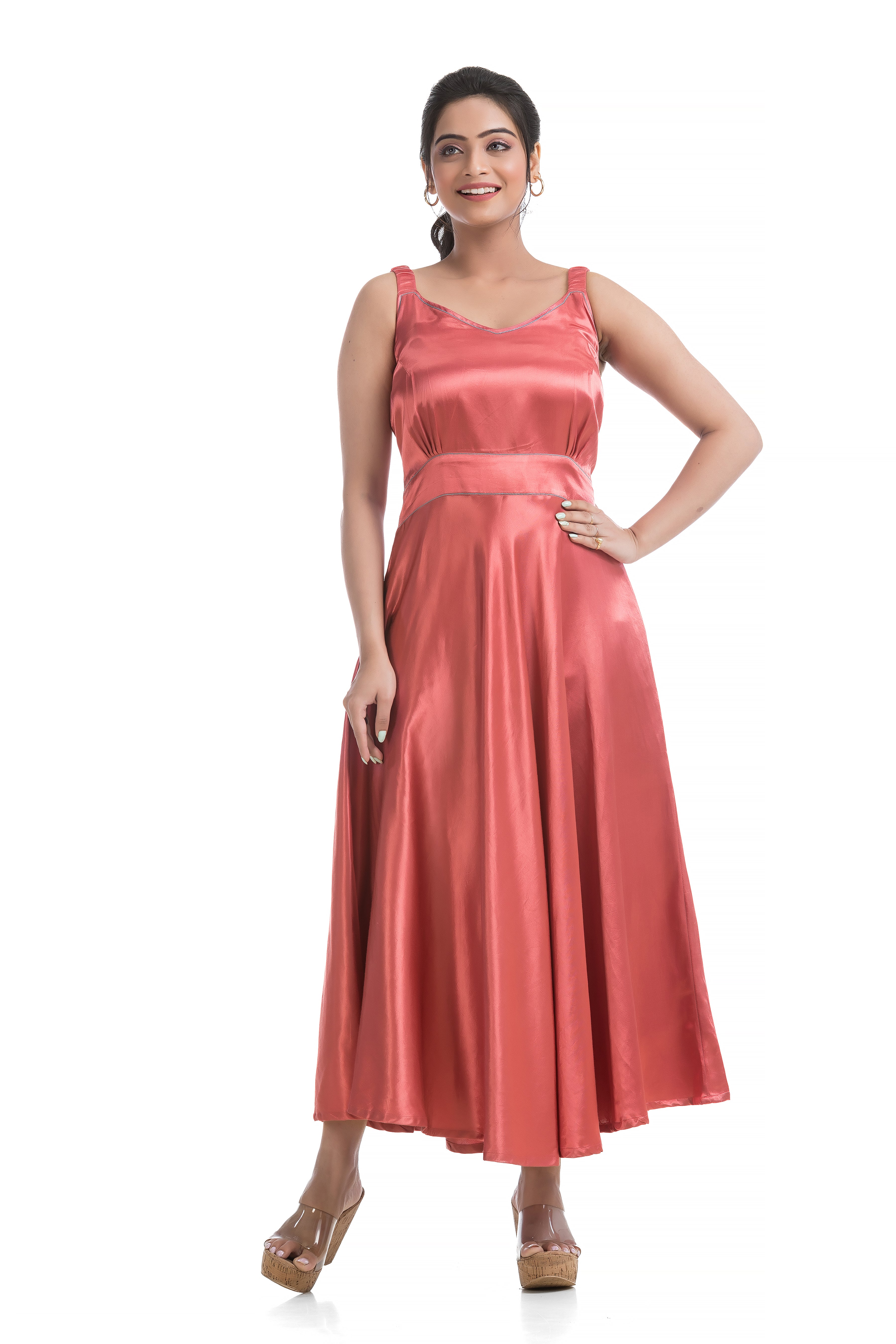Blush Colour Mashru Noodle Dress with Assymmetric Ajrakh Printed Jacket
