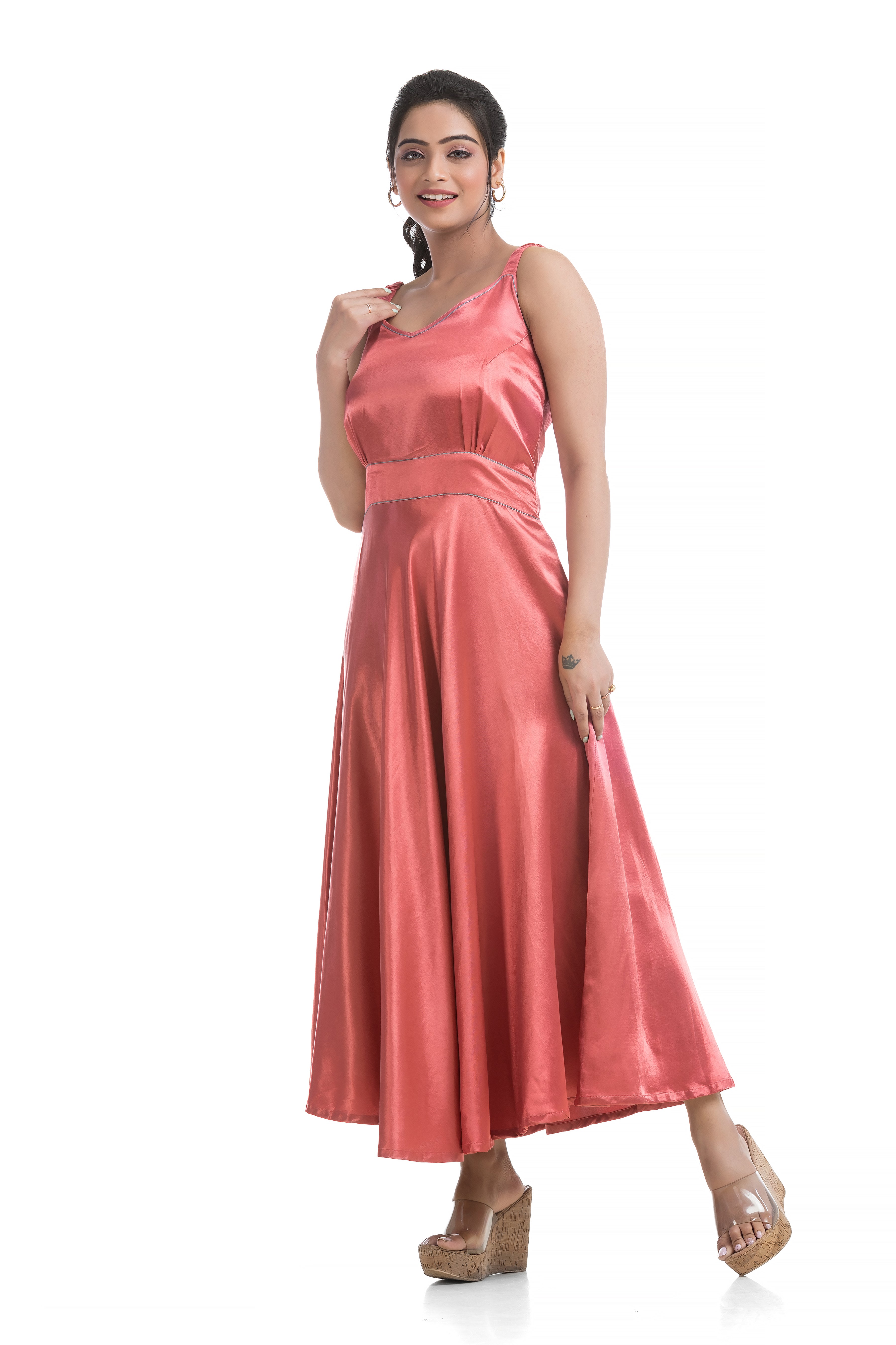 Blush Colour Mashru Noodle Dress with Assymmetric Ajrakh Printed Jacket