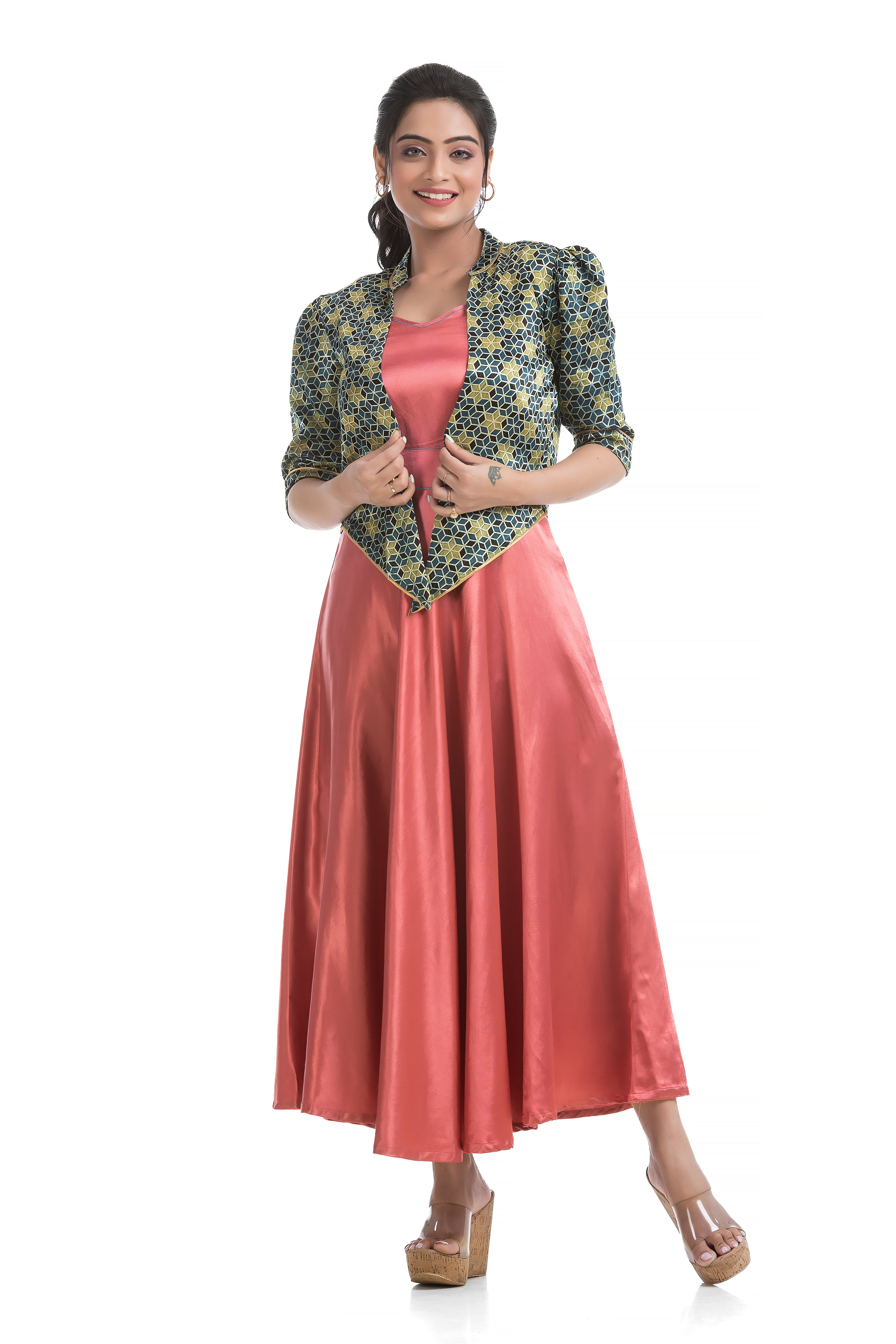 Blush Colour Mashru Noodle Dress with Assymmetric Ajrakh Printed Jacket