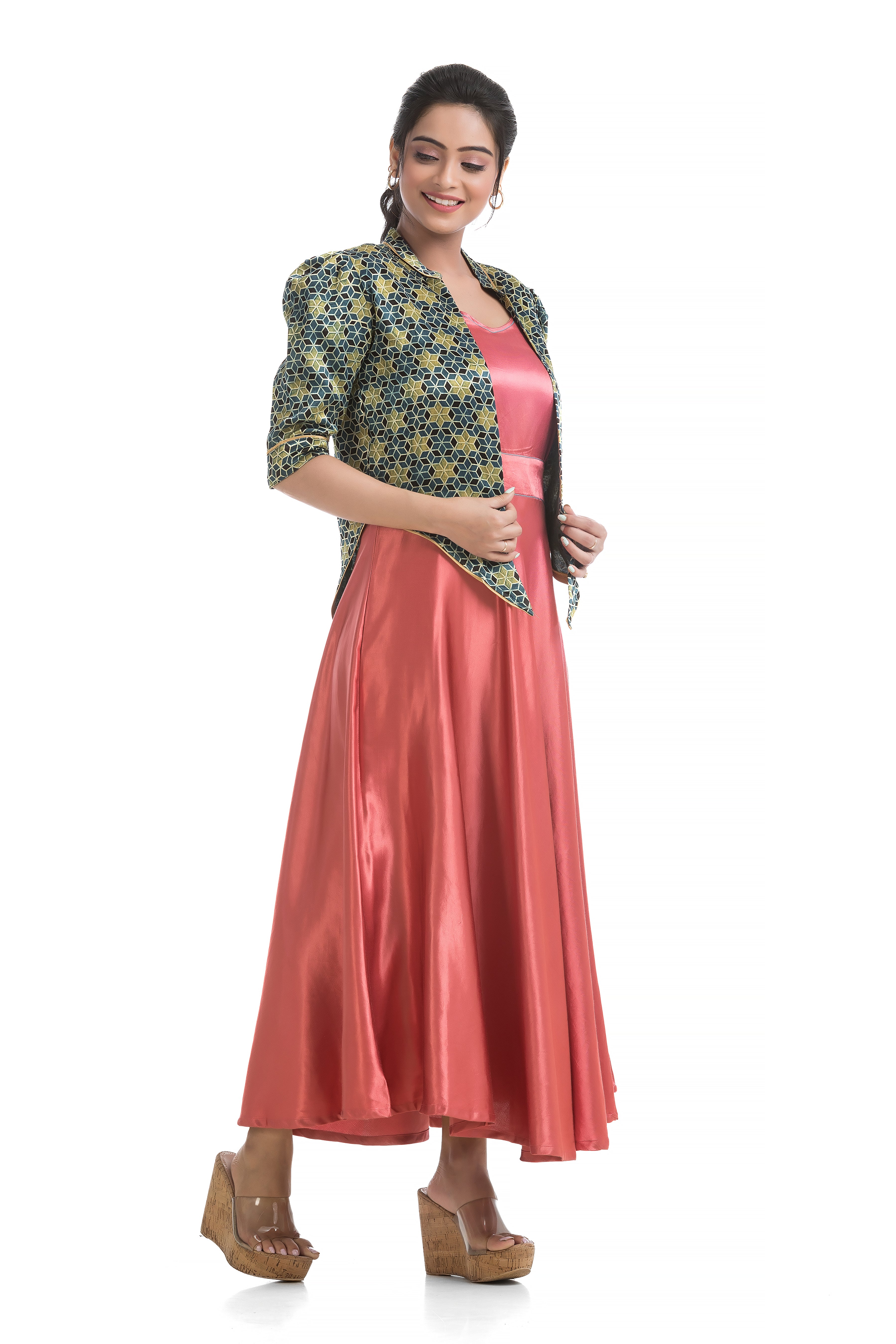 Blush Colour Mashru Noodle Dress with Assymmetric Ajrakh Printed Jacket
