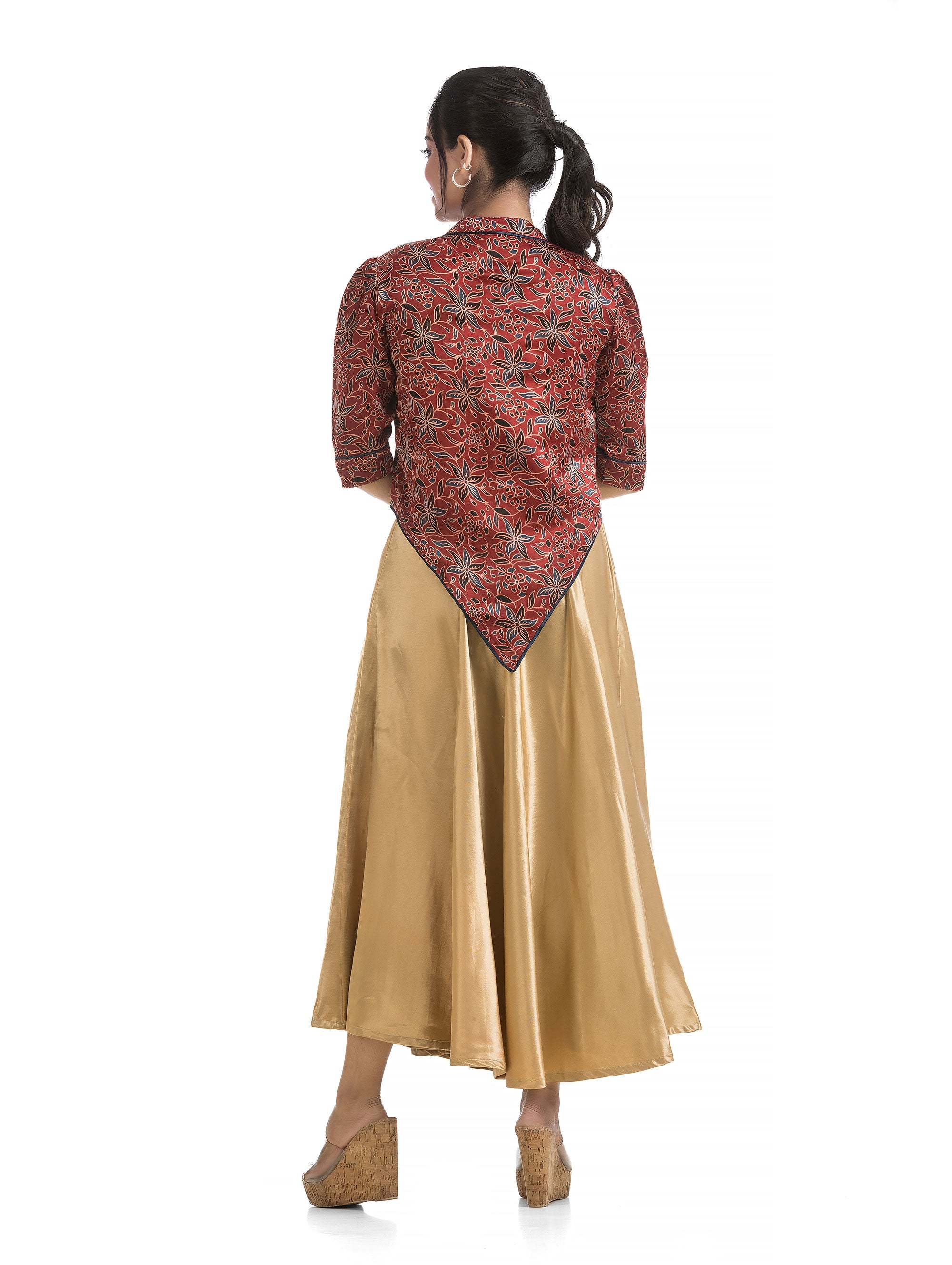 Mashru Silk Hand Block Jacket with Golden Yellow Elasticated Dress