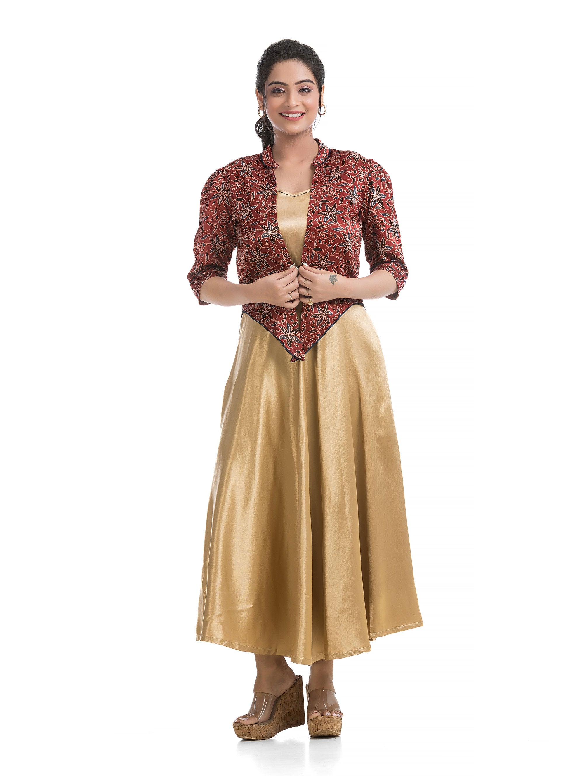 Mashru Silk Hand Block Jacket with Golden Yellow Elasticated Dress