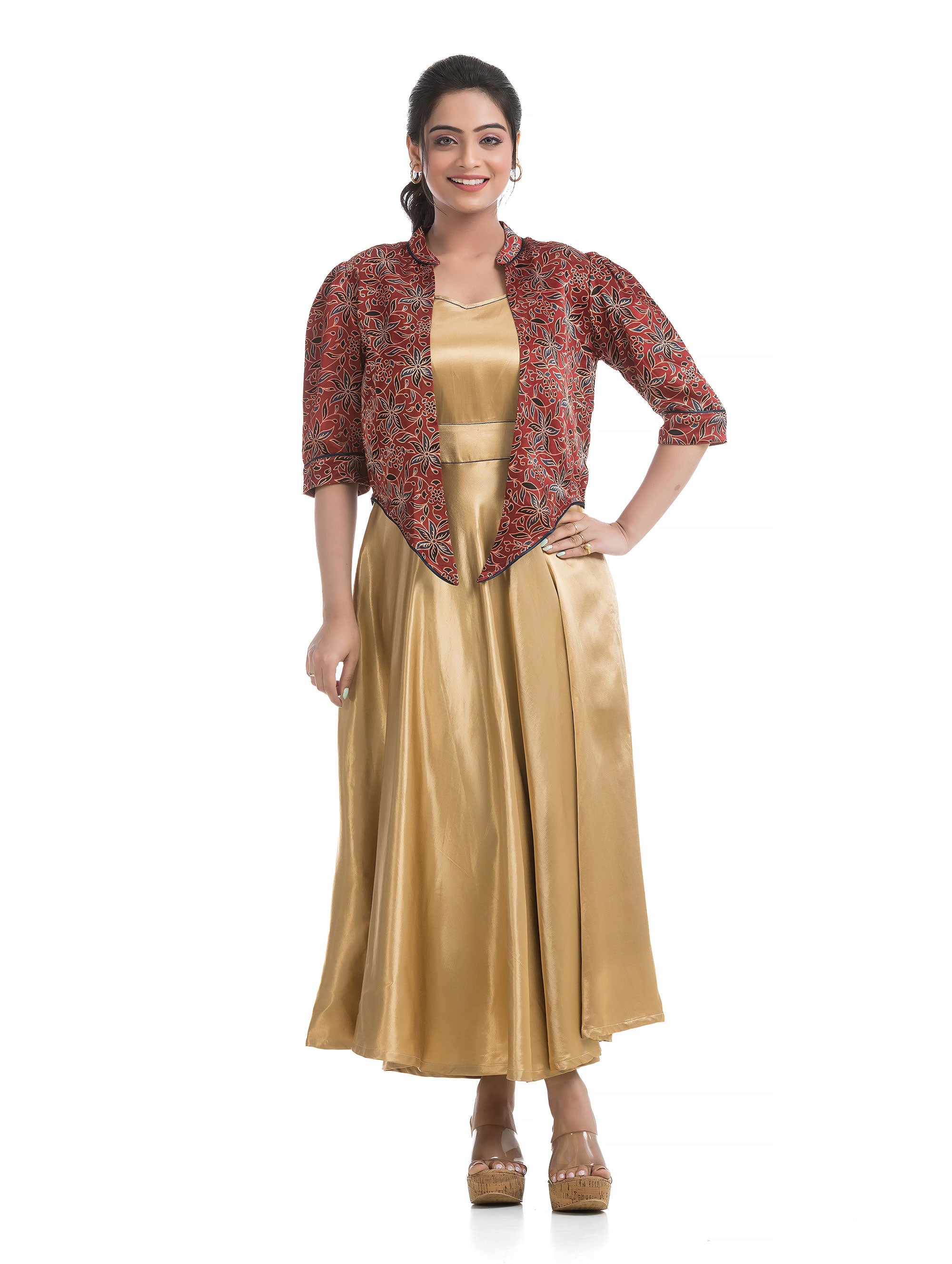 Mashru Silk Hand Block Jacket with Golden Yellow Elasticated Dress