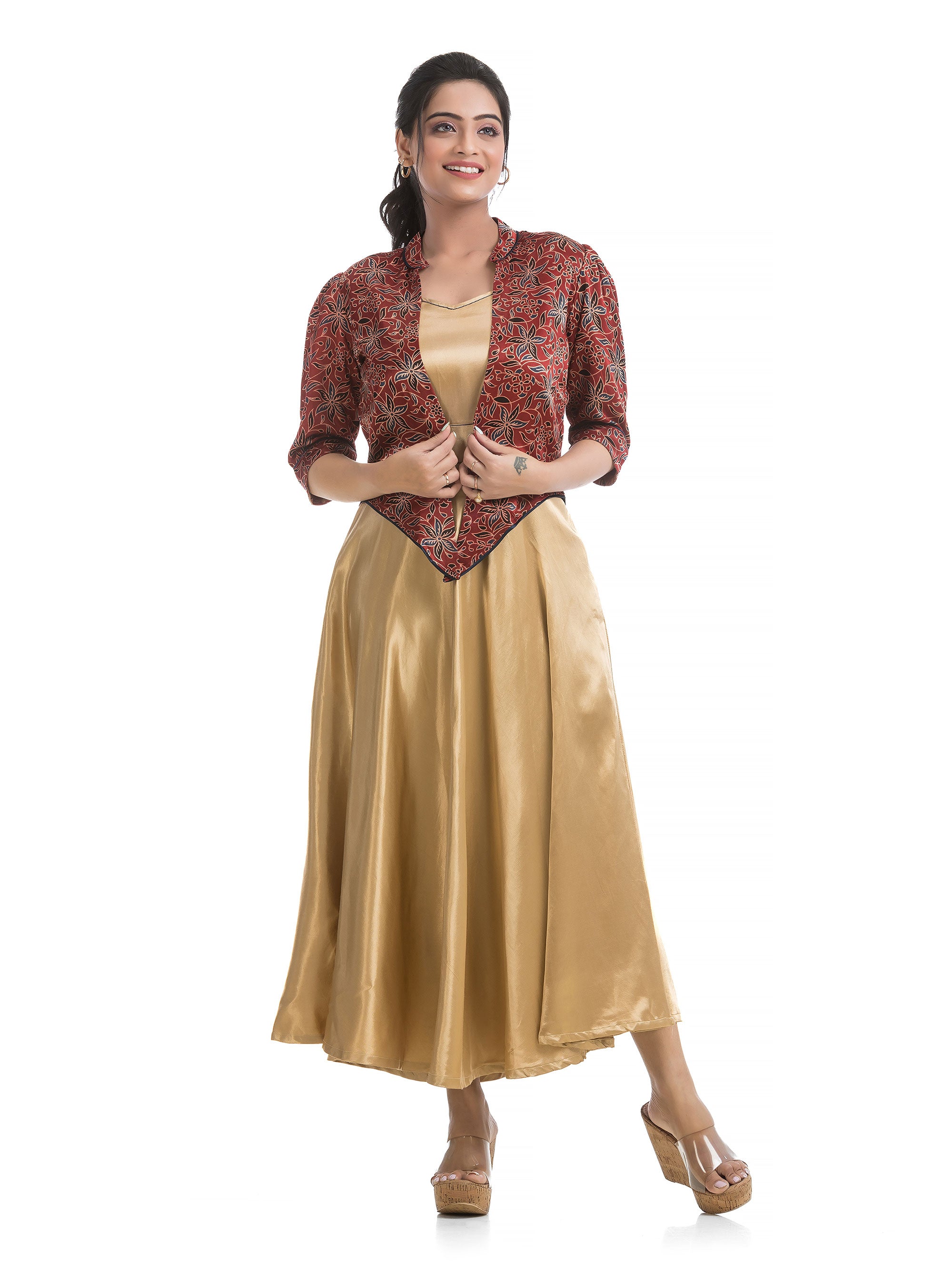 Mashru Silk Hand Block Jacket with Golden Yellow Elasticated Dress