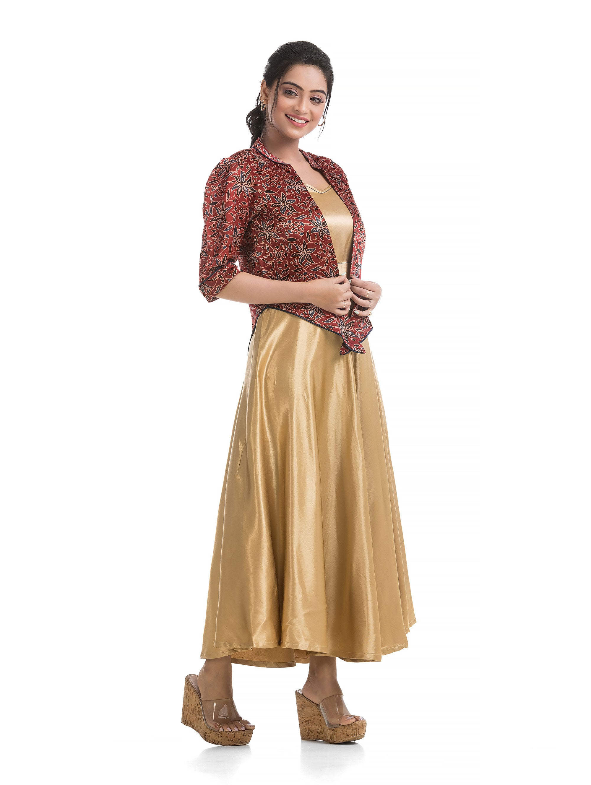 Mashru Silk Hand Block Jacket with Golden Yellow Elasticated Dress