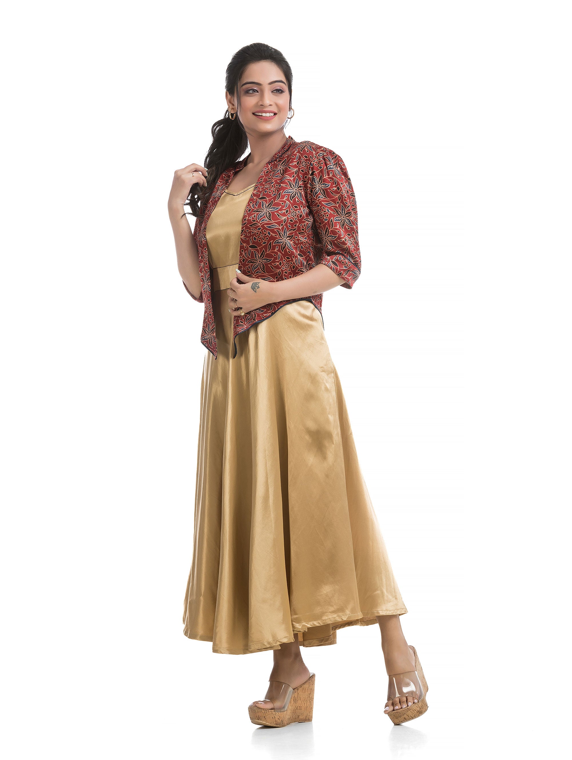 Mashru Silk Hand Block Jacket with Golden Yellow Elasticated Dress