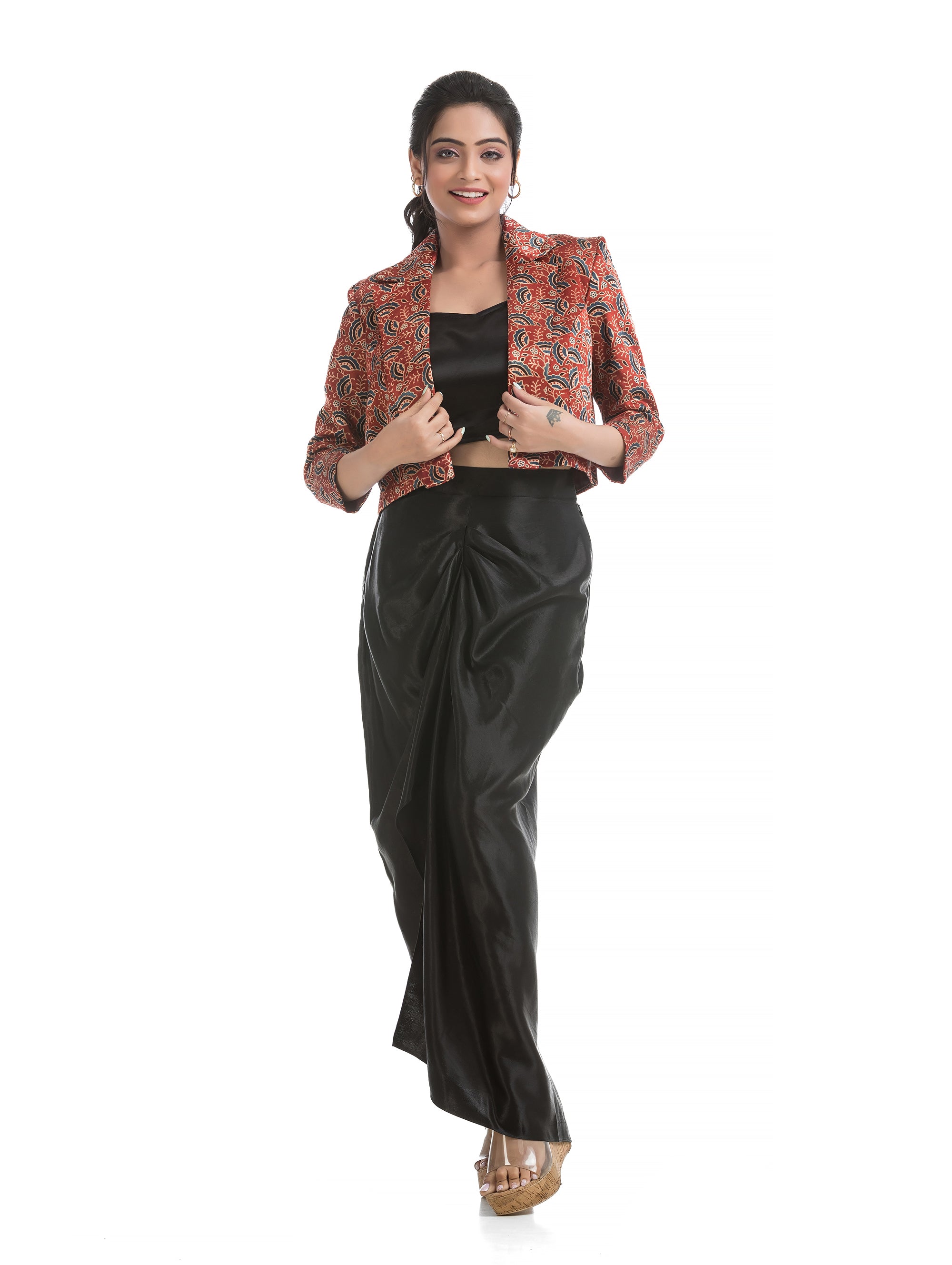 Red-Black Sarang Co-Ord Set with Coat Collar Jacket