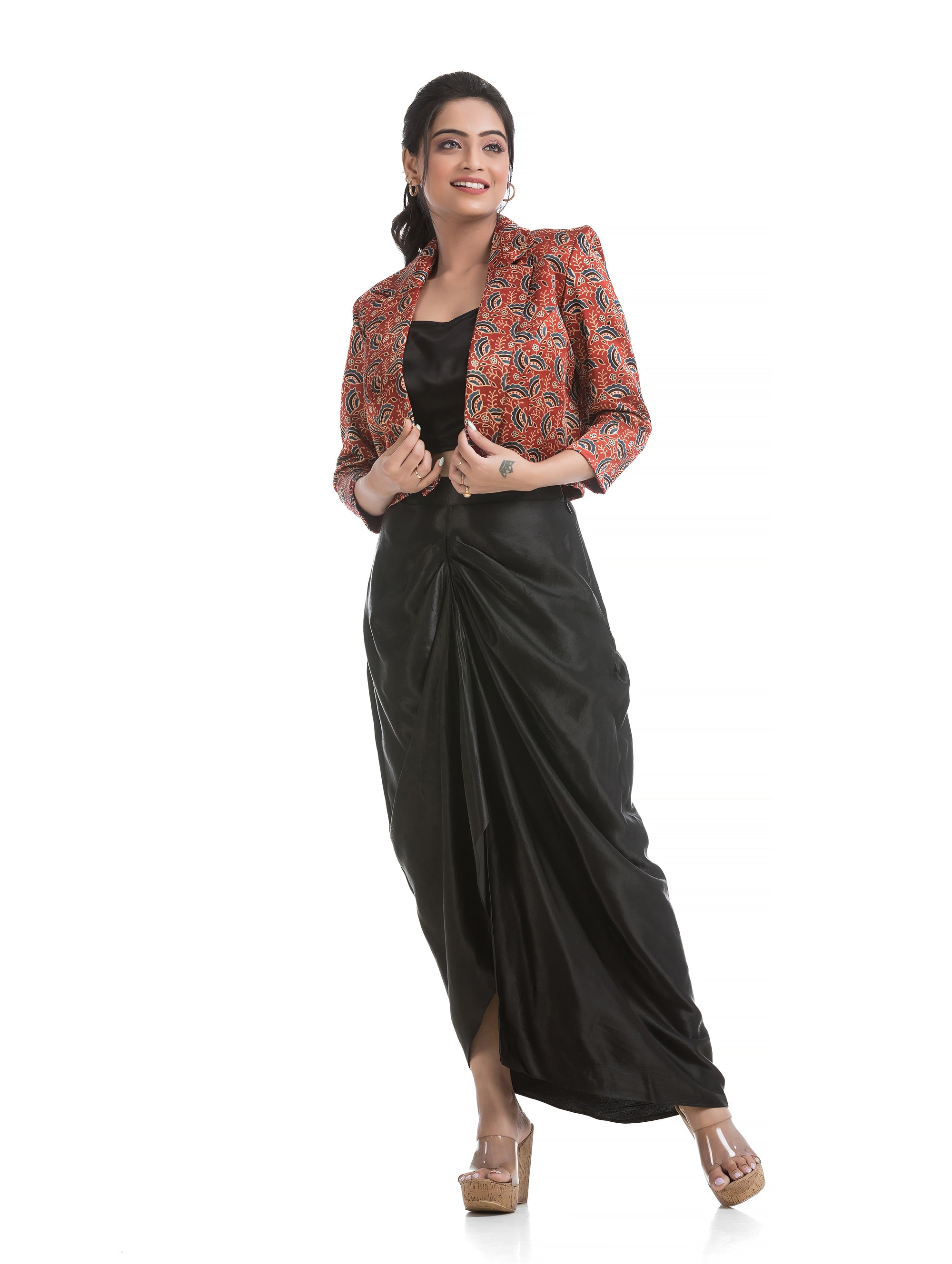 Red-Black Sarang Co-Ord Set with Coat Collar Jacket