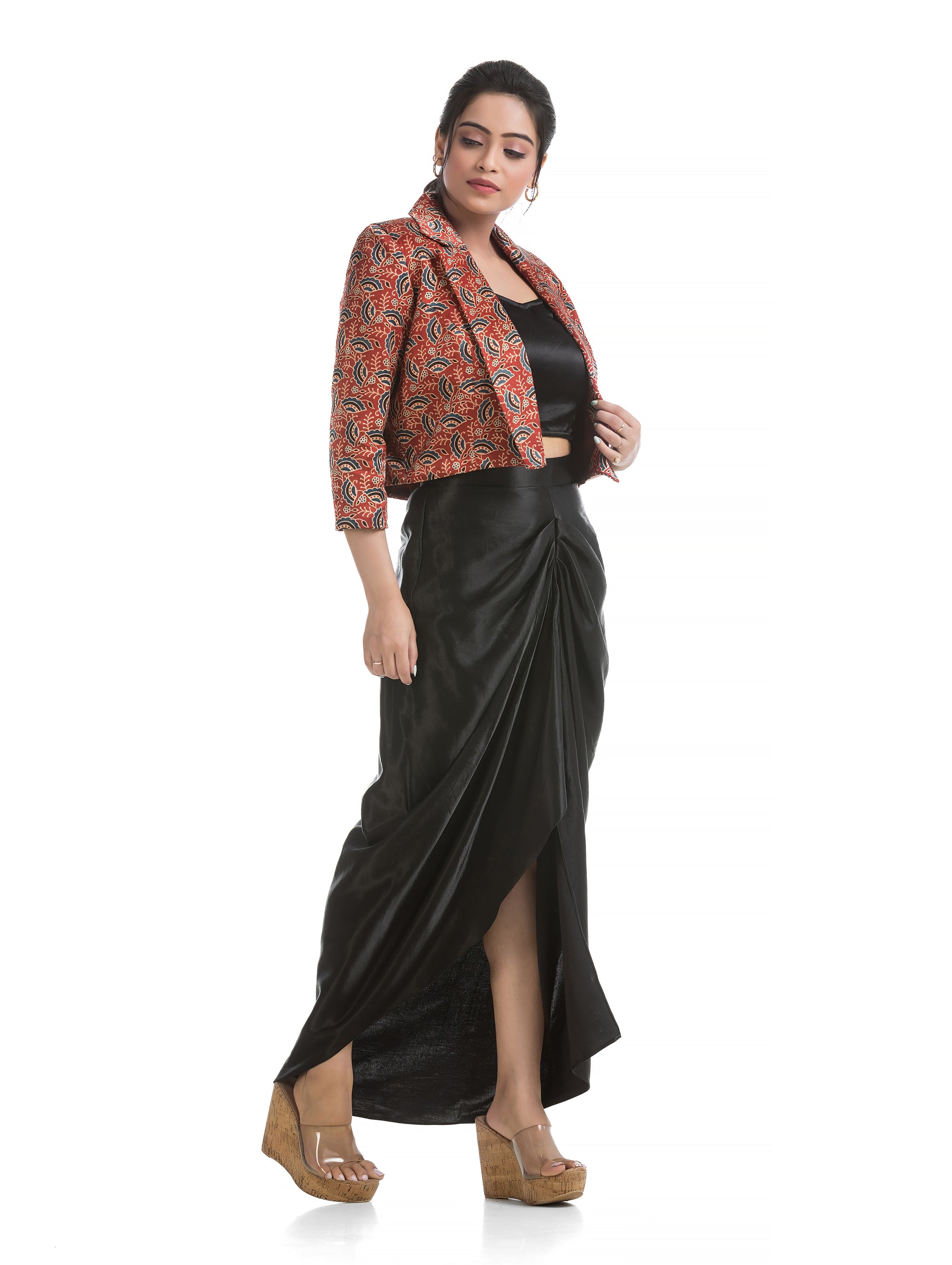 Red-Black Sarang Co-Ord Set with Coat Collar Jacket