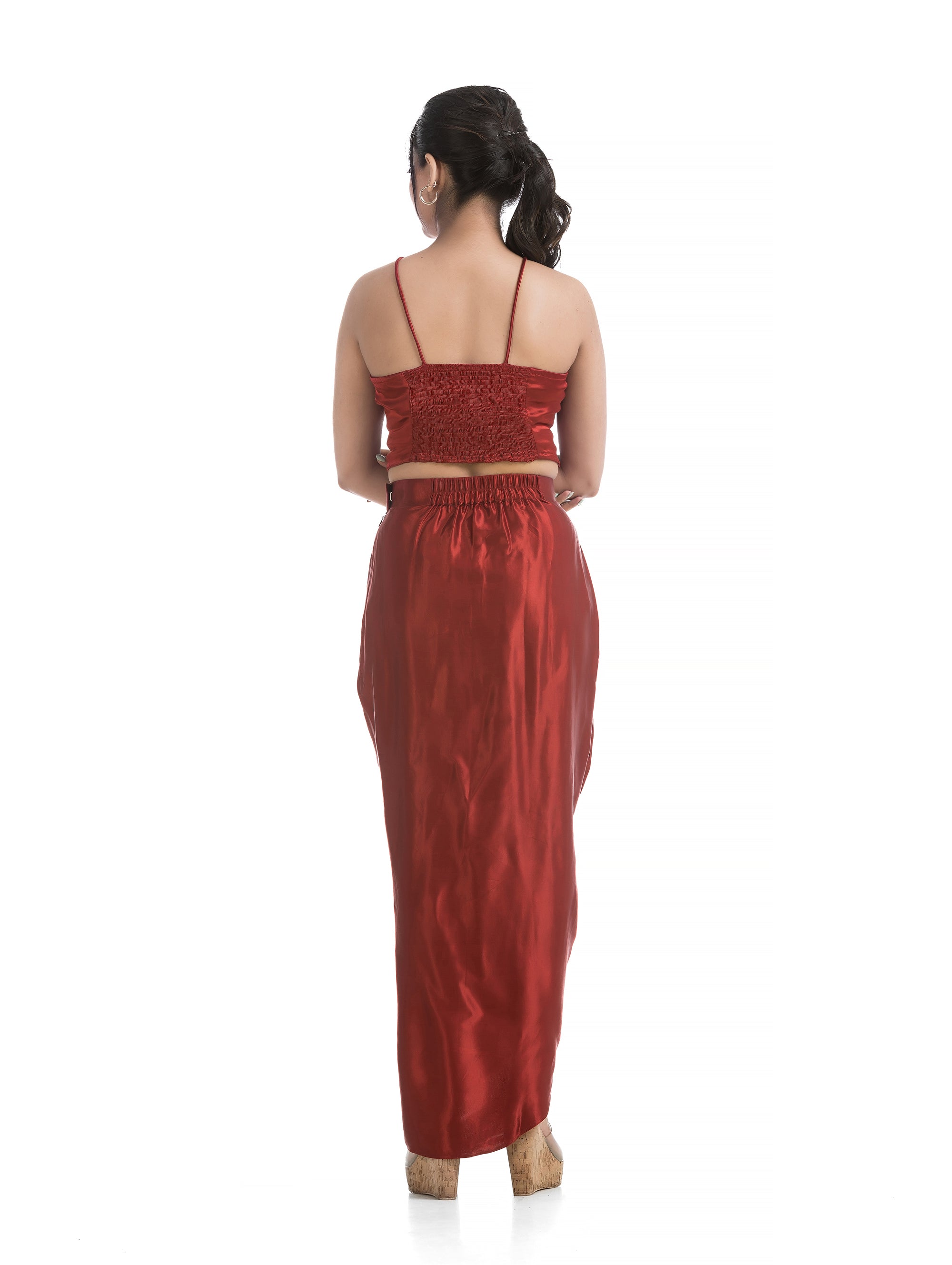 Maroon Bralette Top and Sarang Skirt with Black Ajrakh Printed Blazer