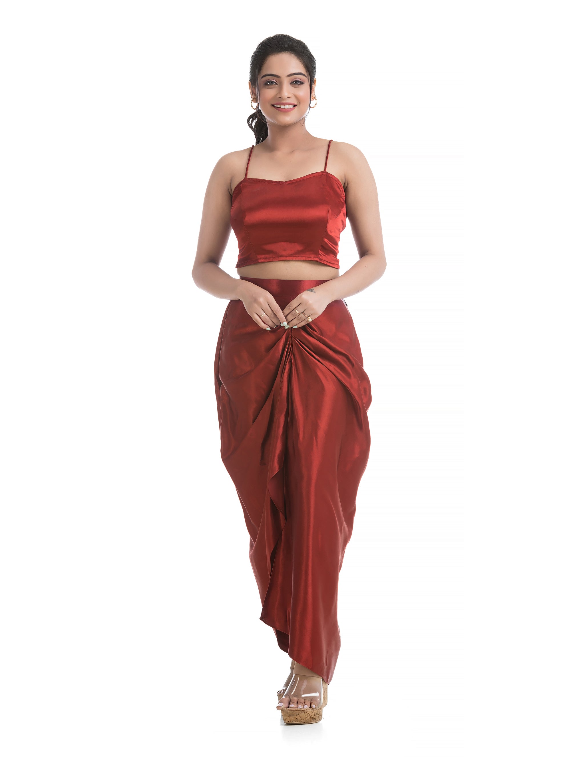 Maroon Bralette Top and Sarang Skirt with Black Ajrakh Printed Blazer