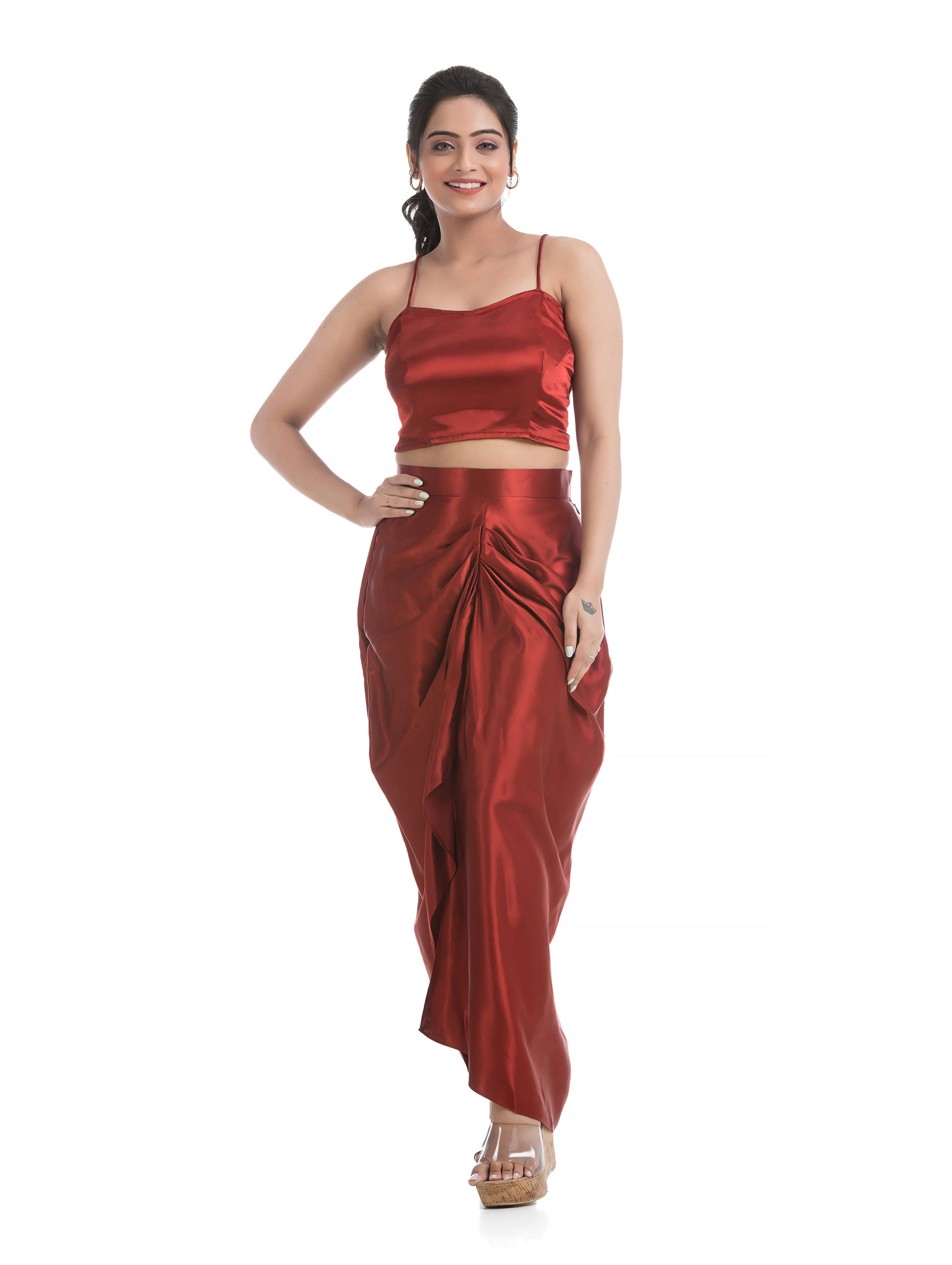 Maroon Bralette Top and Sarang Skirt with Black Ajrakh Printed Blazer