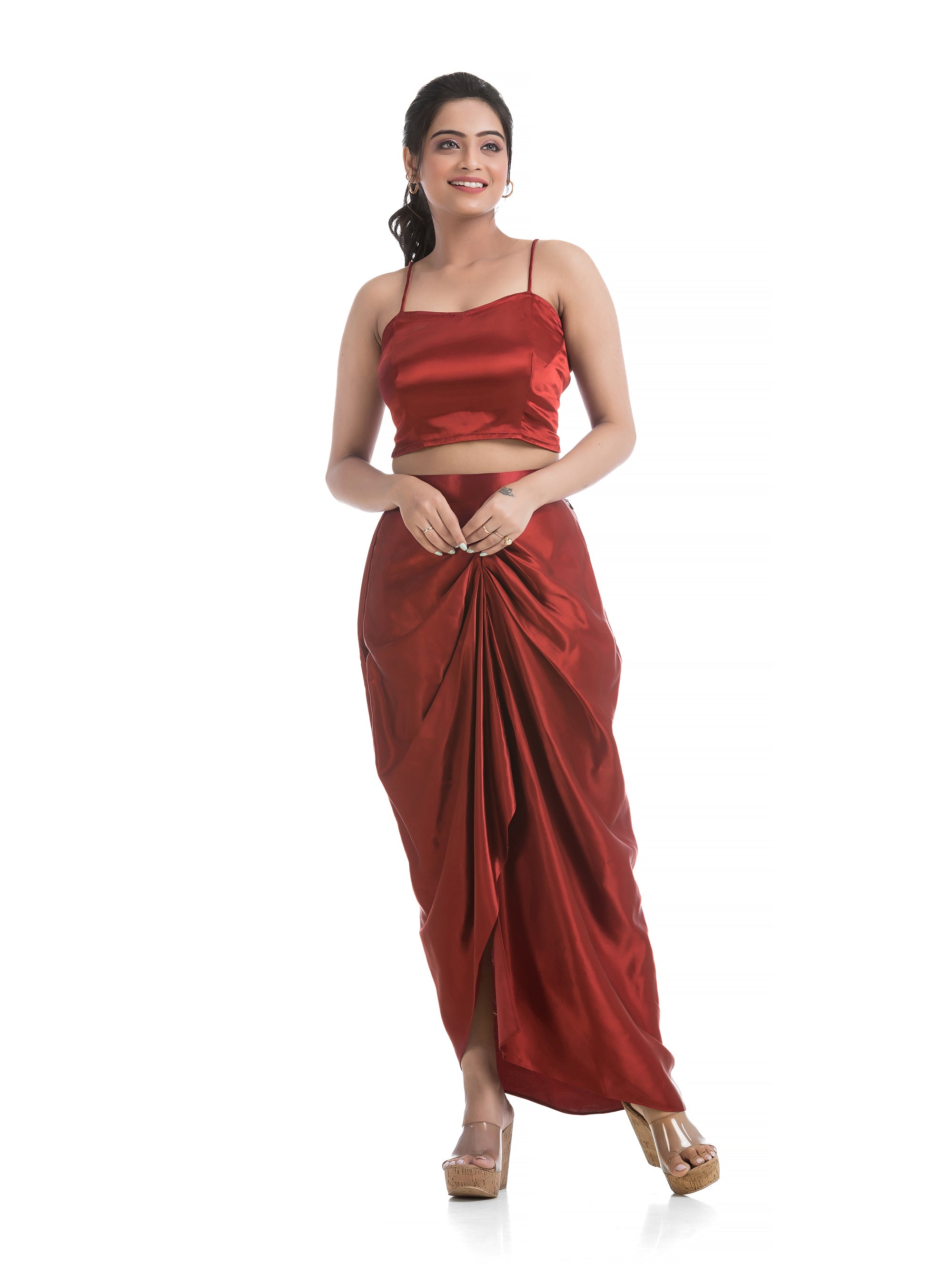 Maroon Bralette Top and Sarang Skirt with Black Ajrakh Printed Blazer