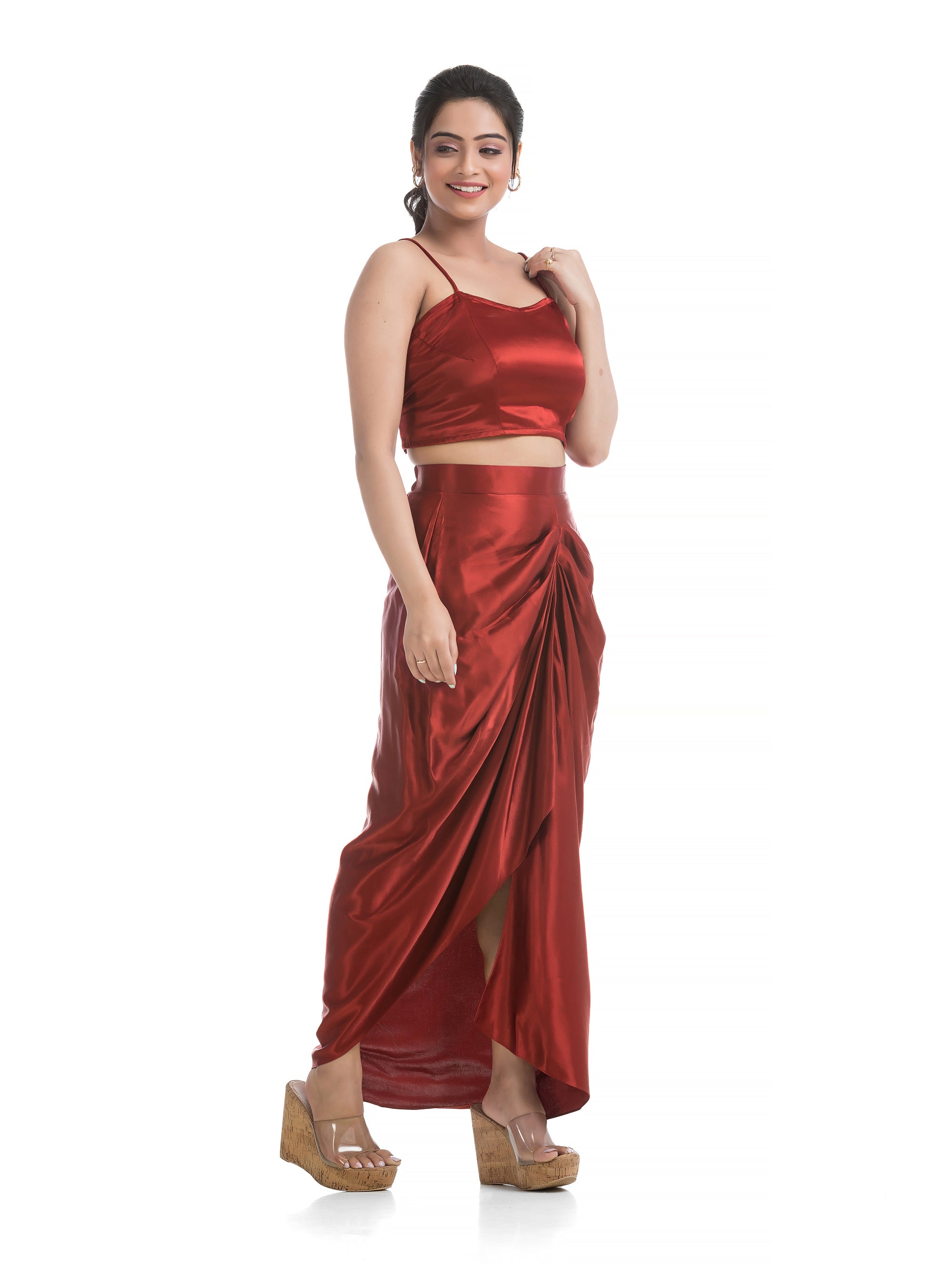 Maroon Bralette Top and Sarang Skirt with Black Ajrakh Printed Blazer