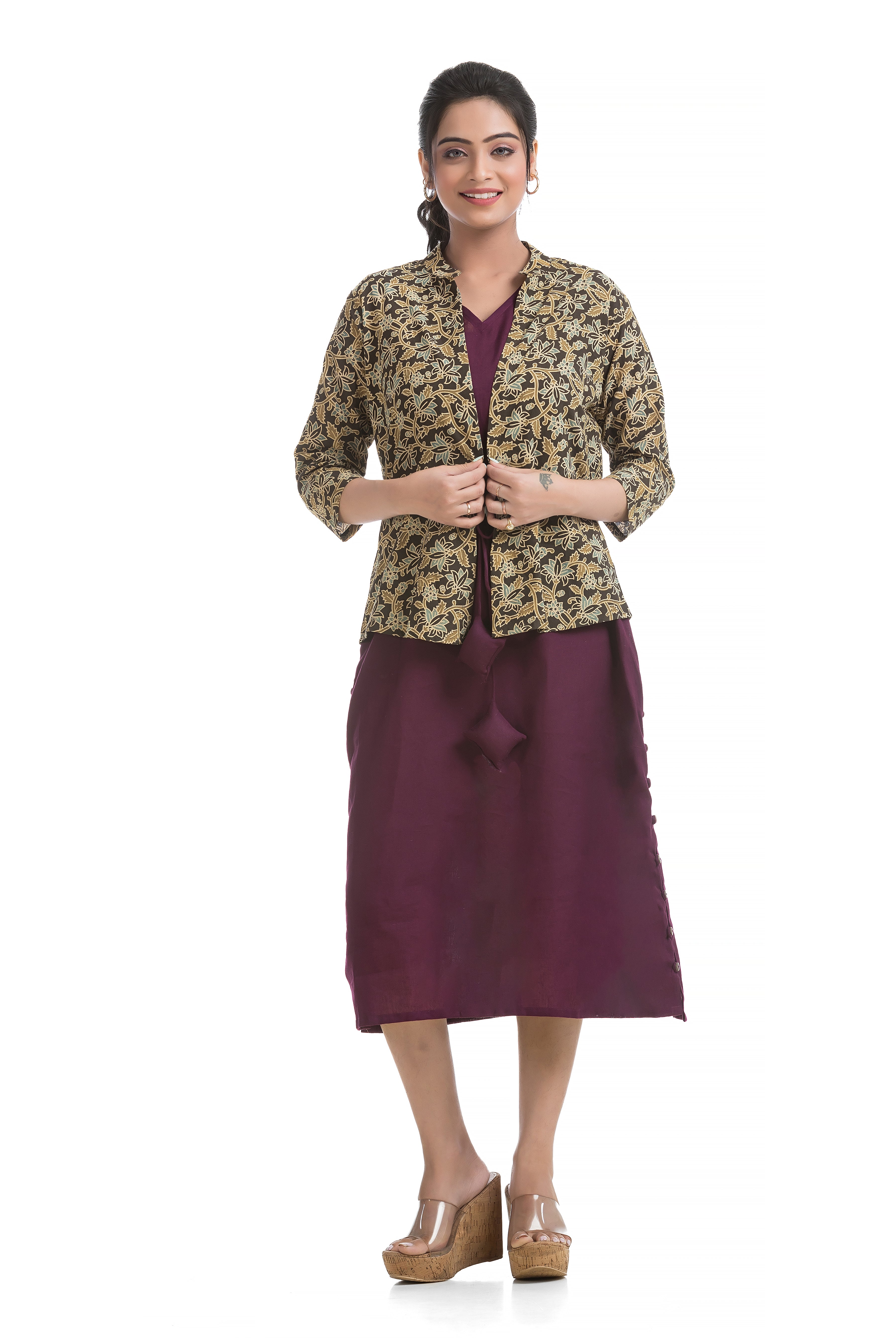 Drawstirng Purple Dress with Ajrakh Printed Jacket