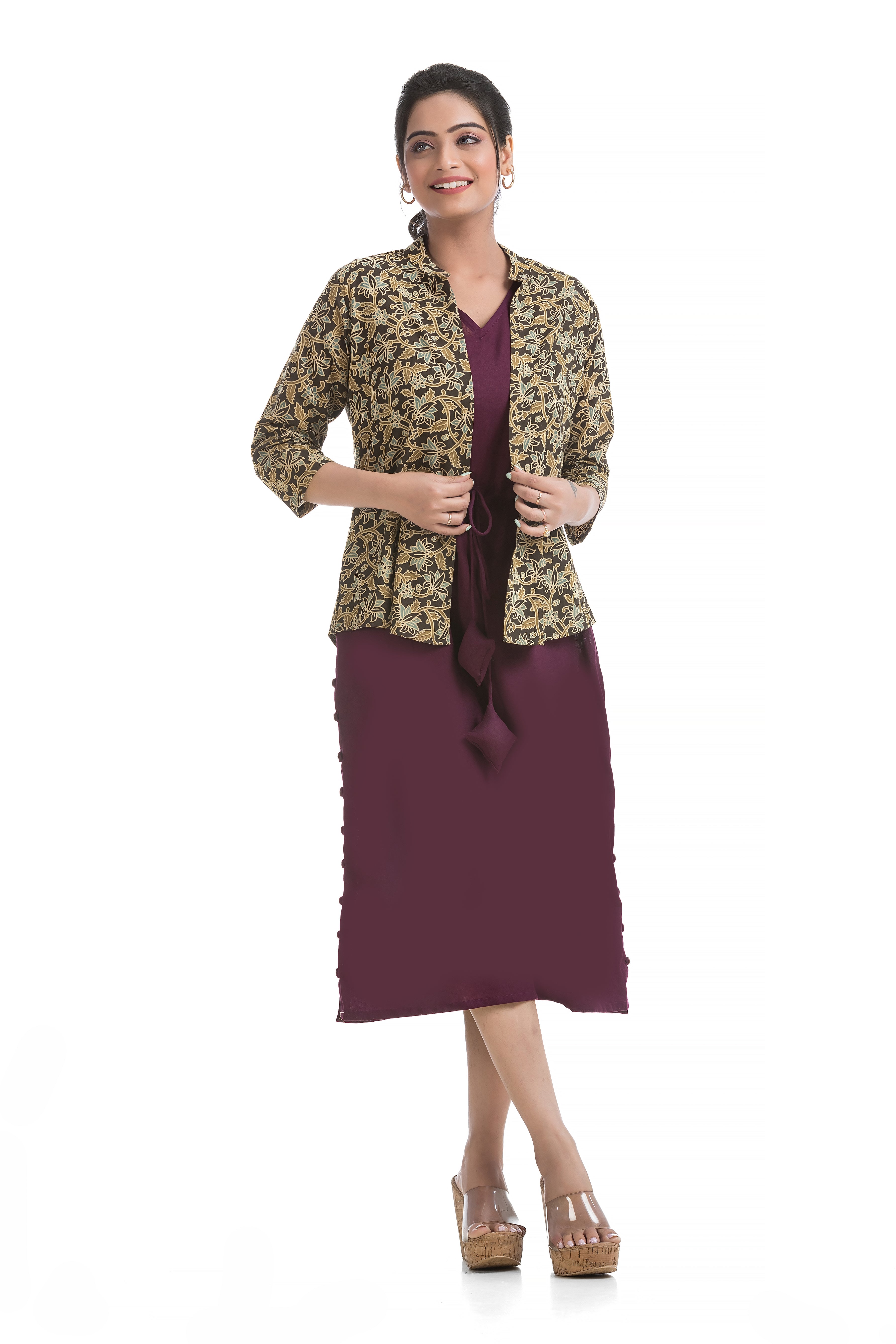 Drawstirng Purple Dress with Ajrakh Printed Jacket