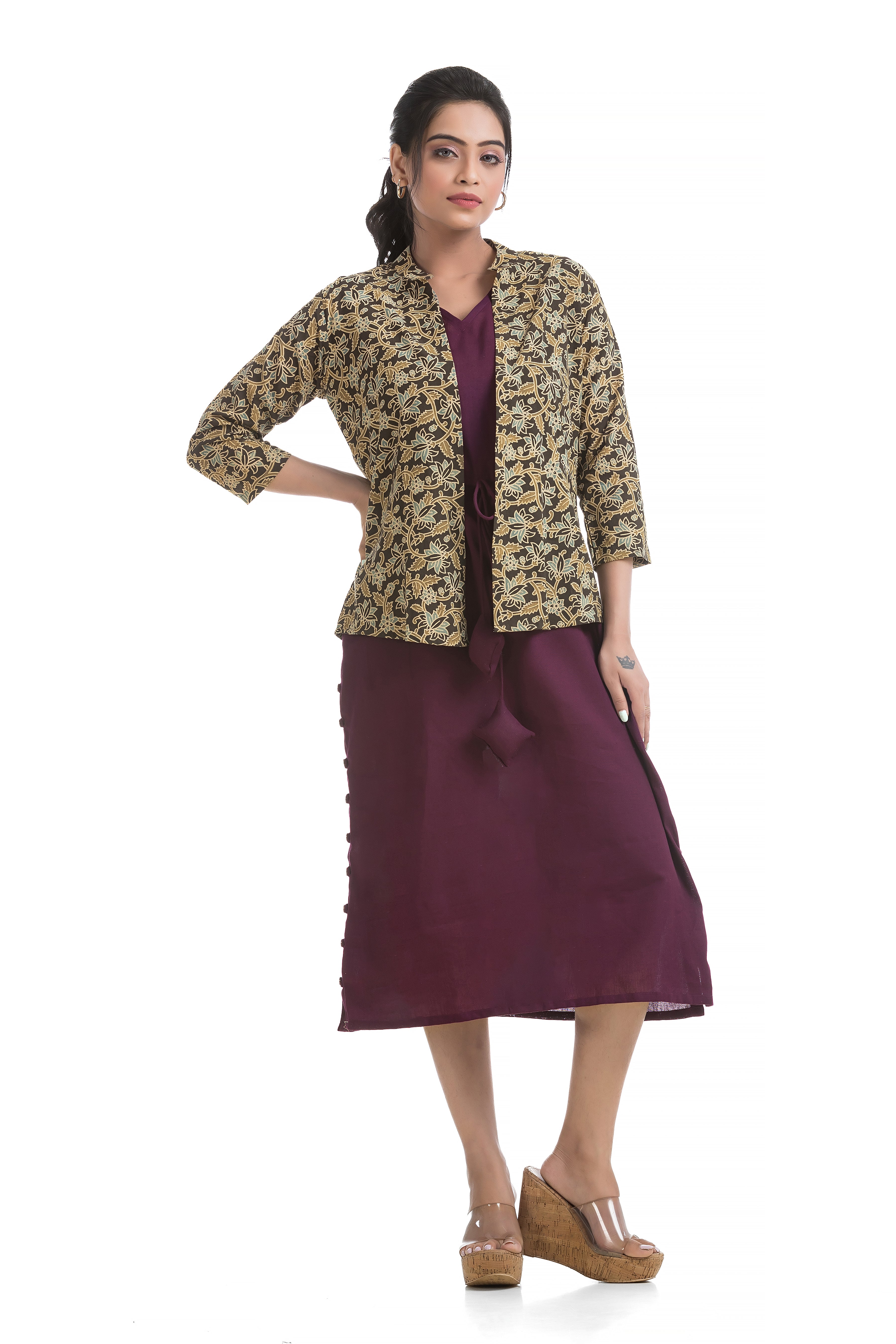 Drawstirng Purple Dress with Ajrakh Printed Jacket