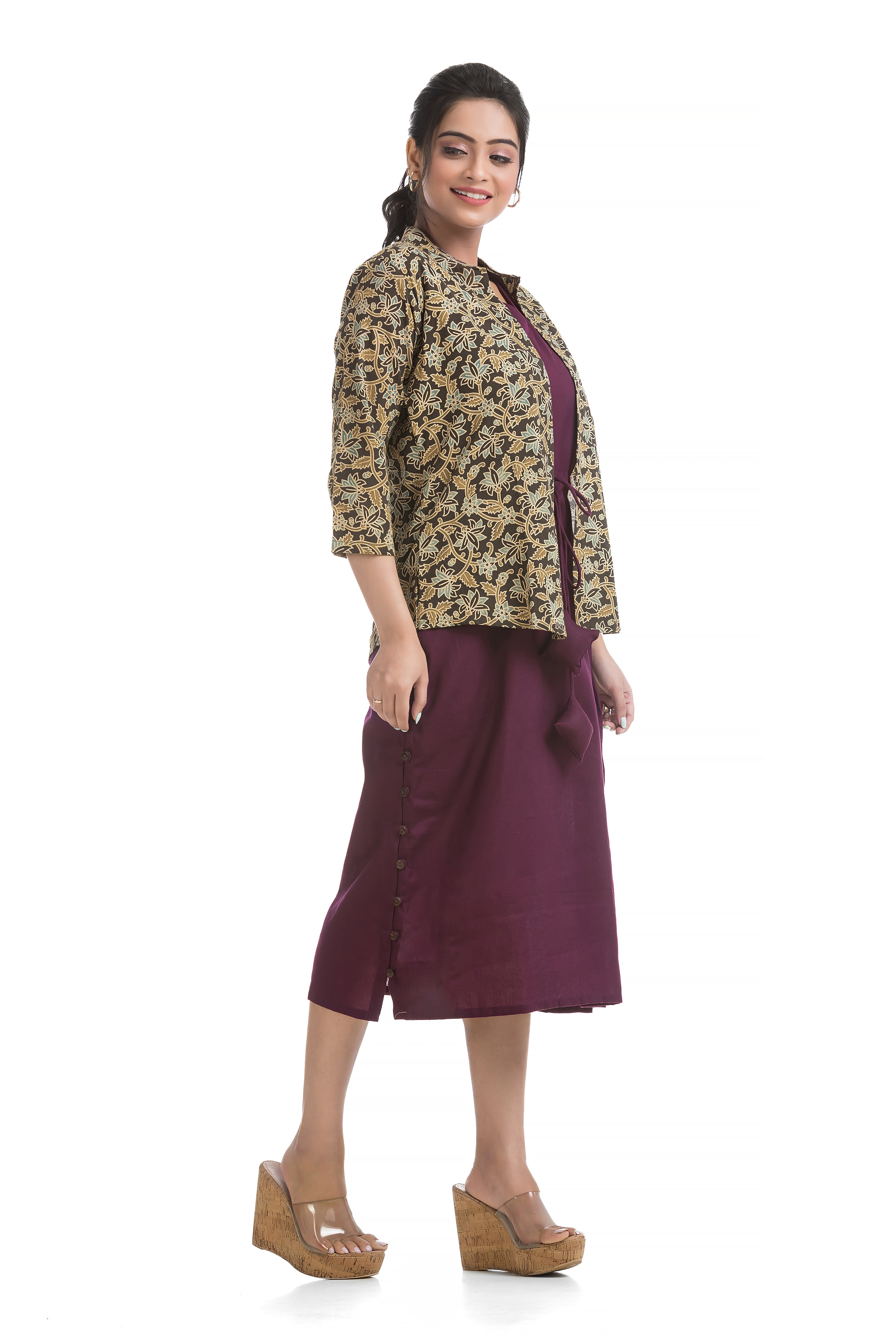 Drawstirng Purple Dress with Ajrakh Printed Jacket