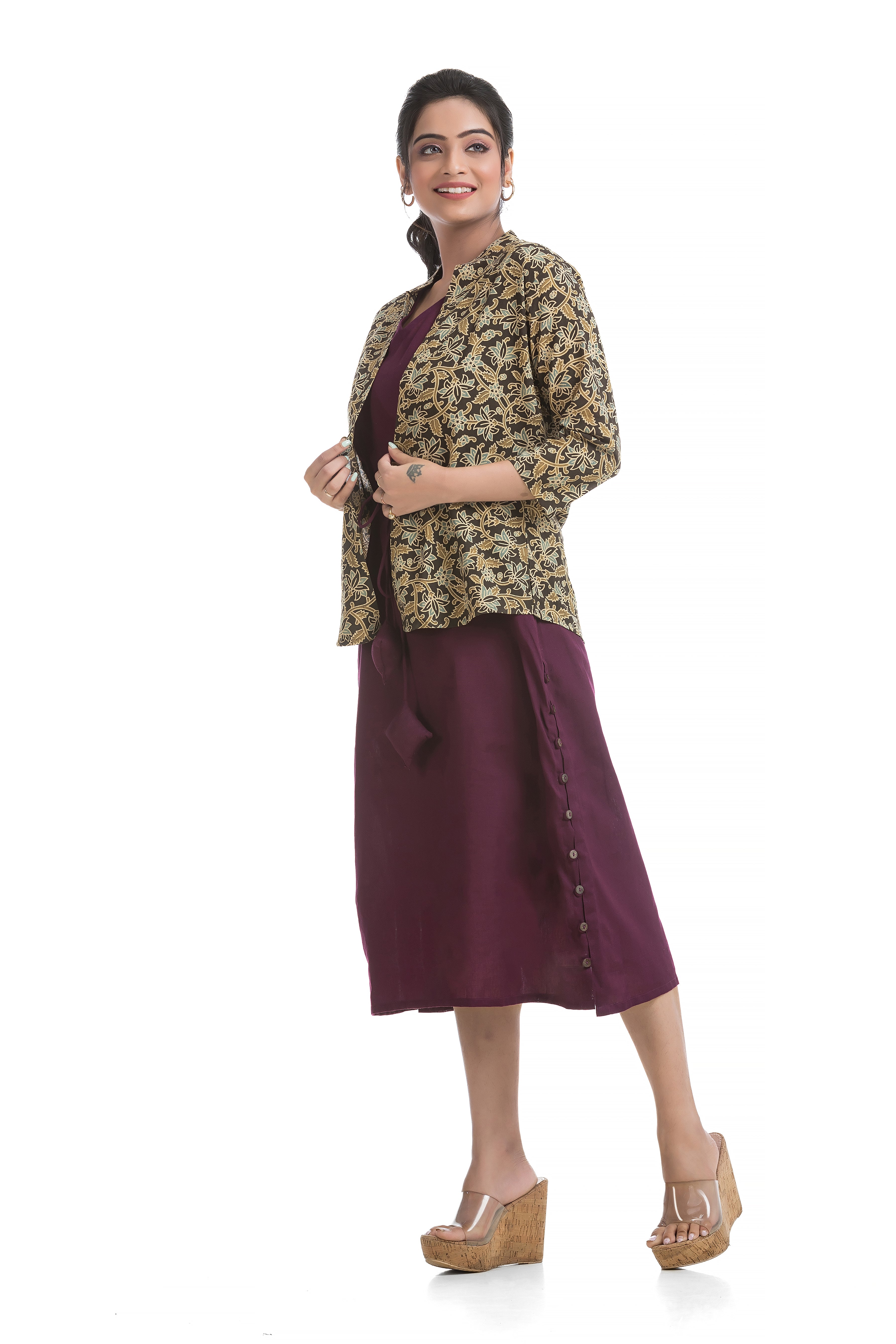 Drawstirng Purple Dress with Ajrakh Printed Jacket