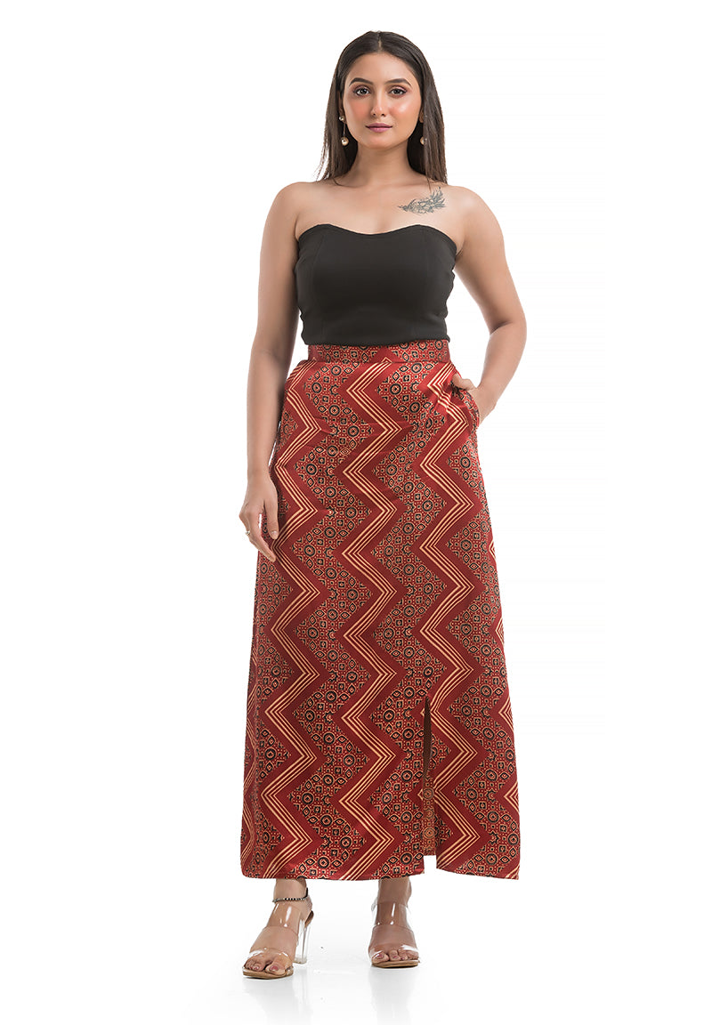 Women's Maroon Mashru Silk Ankle Length Skirt