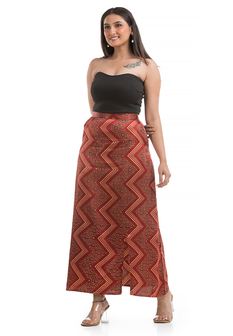 Women's Maroon Mashru Silk Ankle Length Skirt