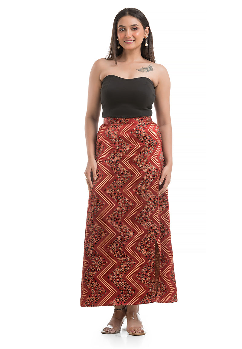 Women's Maroon Mashru Silk Ankle Length Skirt