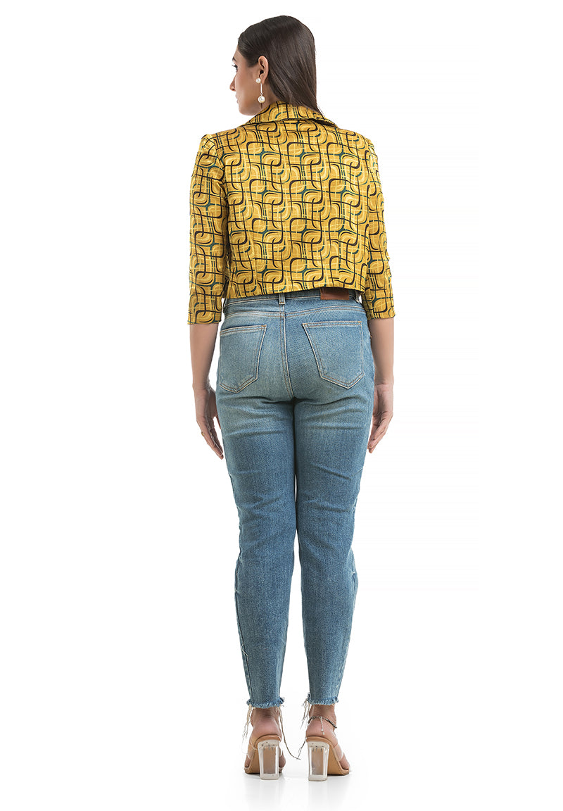 Women's Yellow Ajrakh Printed Jacket - Crazy Needle Online