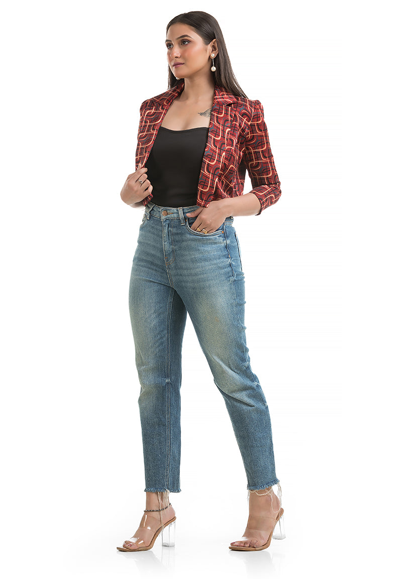 Women's Maroon Ajrakh Printed Jacket